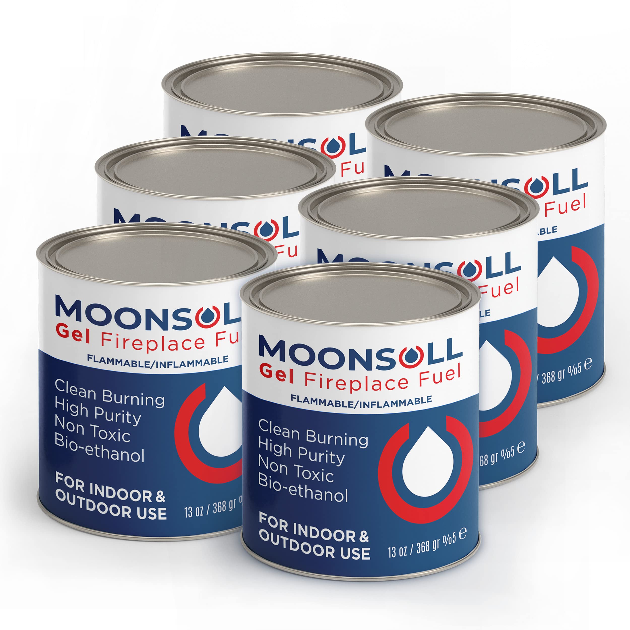 MoonSoll Gel Fuel Cans for Fire Bowl and Fireplace (6 x 13oz) Indoor/Outdoor use Fire Pit Tabletop, Gel Fuel Cans for Portable Fire Pit (6 Pack 368gr)