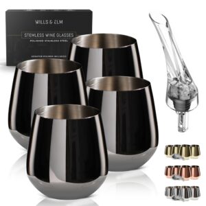 wills and elm black wine glasses - stemless stainless steel wine glasses set of 4 with aerator - metal wine glass - stainless steel wine glass - unbreakable wine glasses - outdoor wine glasses - 18oz