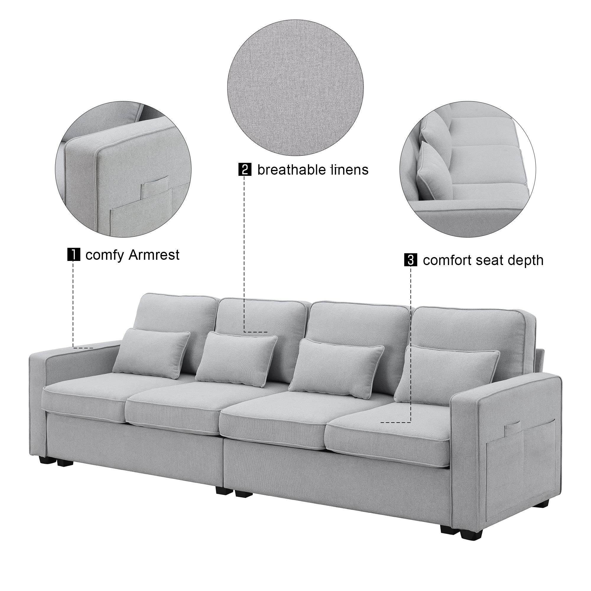 Bellemave Upholstered Sofa Couch with Armrest Pockets and 4 Pillows, 4-Seater Modern Linen Fabric Sofa Minimalist Style Couches for Living Room, Apartment, Office (Light Grey)