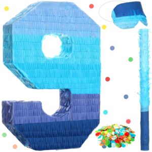 number 1 2 3 4 5 6 7 8 9 piñata with stick blindfold confetti, gradient blue piñata for kids birthday party large blue piñata for boys girls birthday anniversary decoration supplies(number 9)