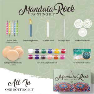 Mandala Rock Painting Kit - Mandala Dotting Tools Kit - Large Wooden Rocks for Painting, Mandala Stencils, Acrylic Paints, Dotting Tools for Painting Rocks - Mandala Dot Art Kit for Adults & Kids