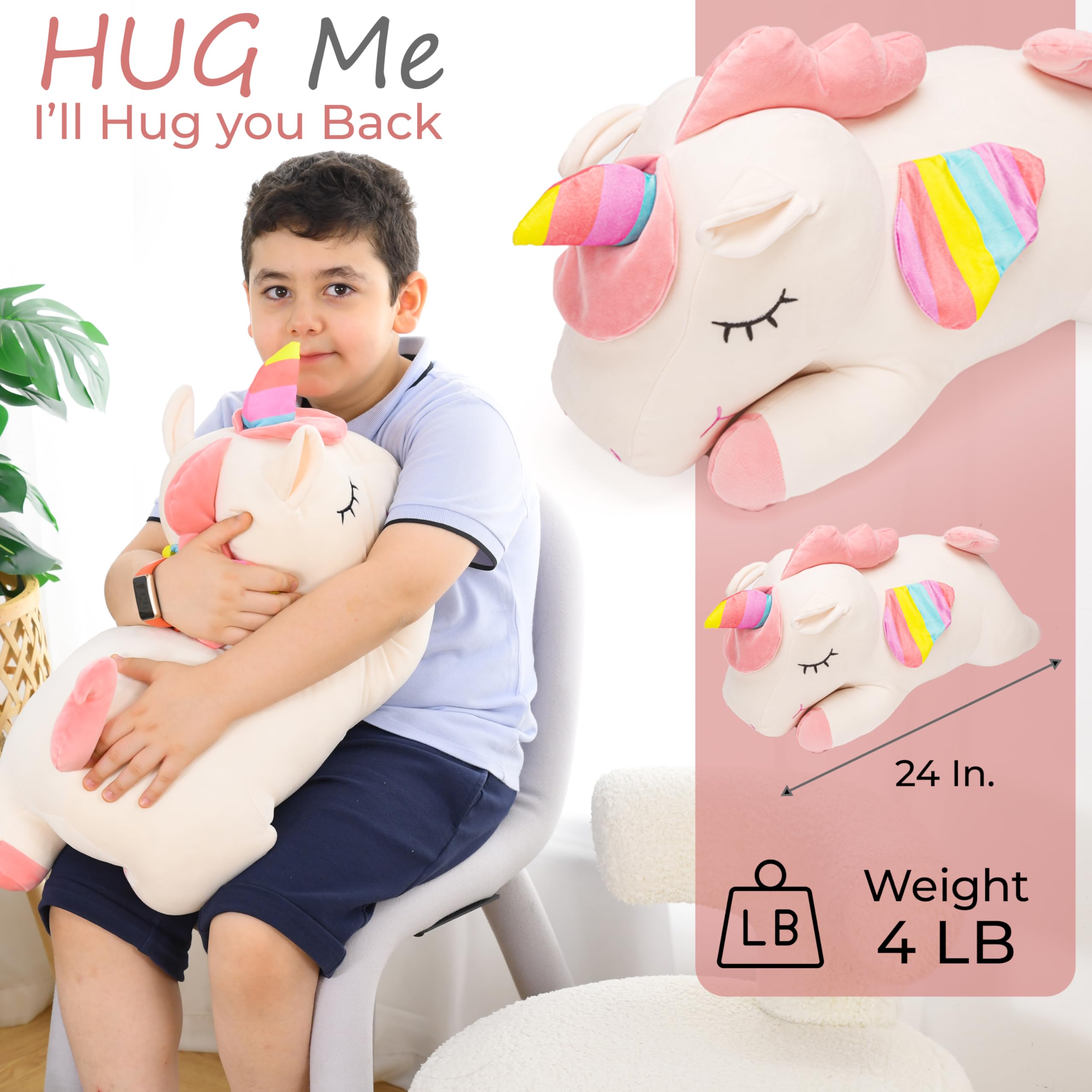 ZYSMALAT Large Weighted Stuffed Animals - Rainbow Unicorn Plush Pillow - 24 inch - 4 lbs - Cute Plushie - Sensory Soft Comfort Companion for Kids and Adults - Calming Huggable Toy