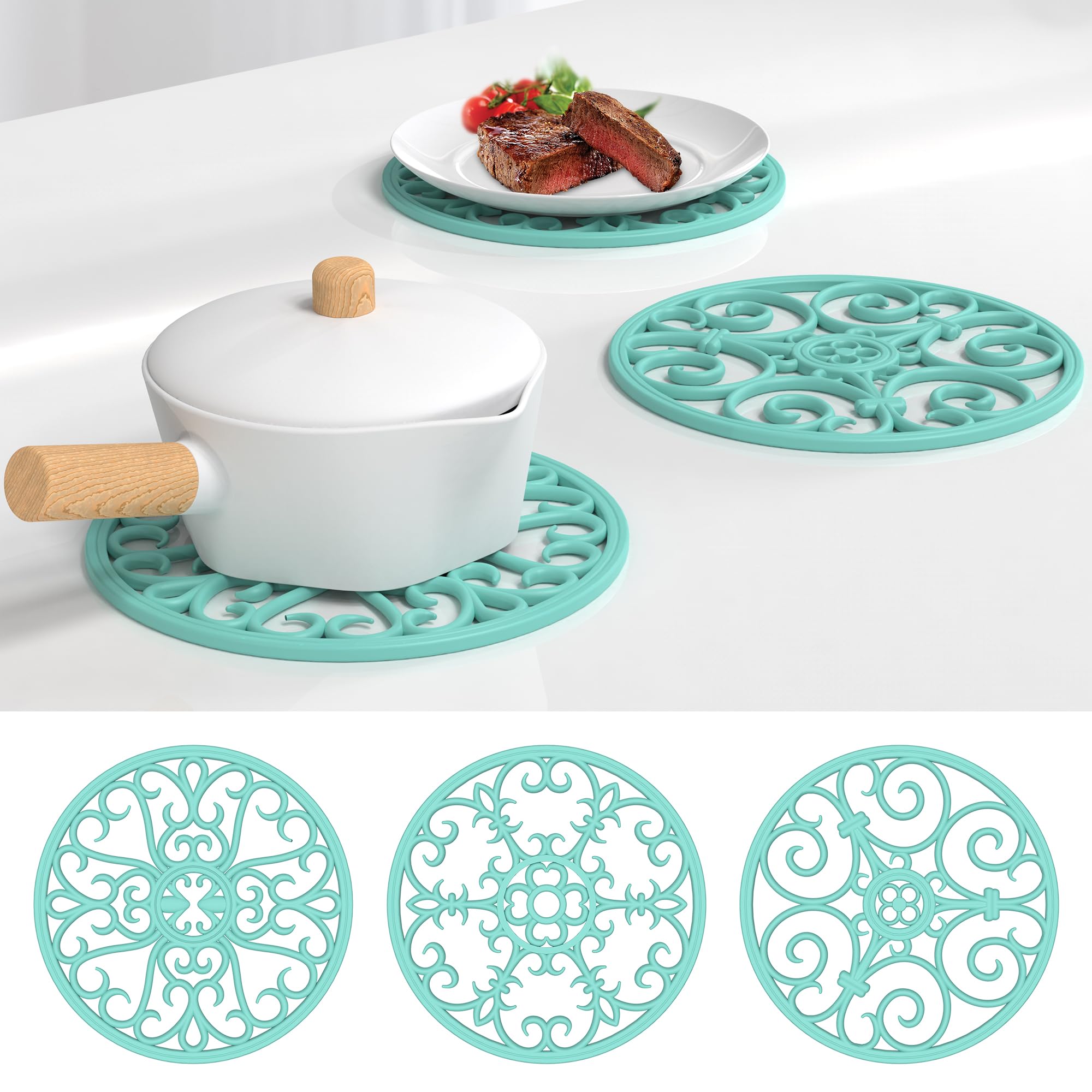 Trivets for Hot Dishes, Silicone Trivet, Trivets for Hot Pots and Pans, Heat Resistant Non Slip Hot Pad for Kitchen, Pot Holders, Teapot Coaster (Turquoise)