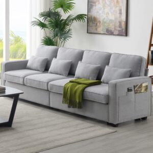 bellemave upholstered sofa couch with armrest pockets and 4 pillows, 4-seater modern linen fabric sofa minimalist style couches for living room, apartment, office (light grey)