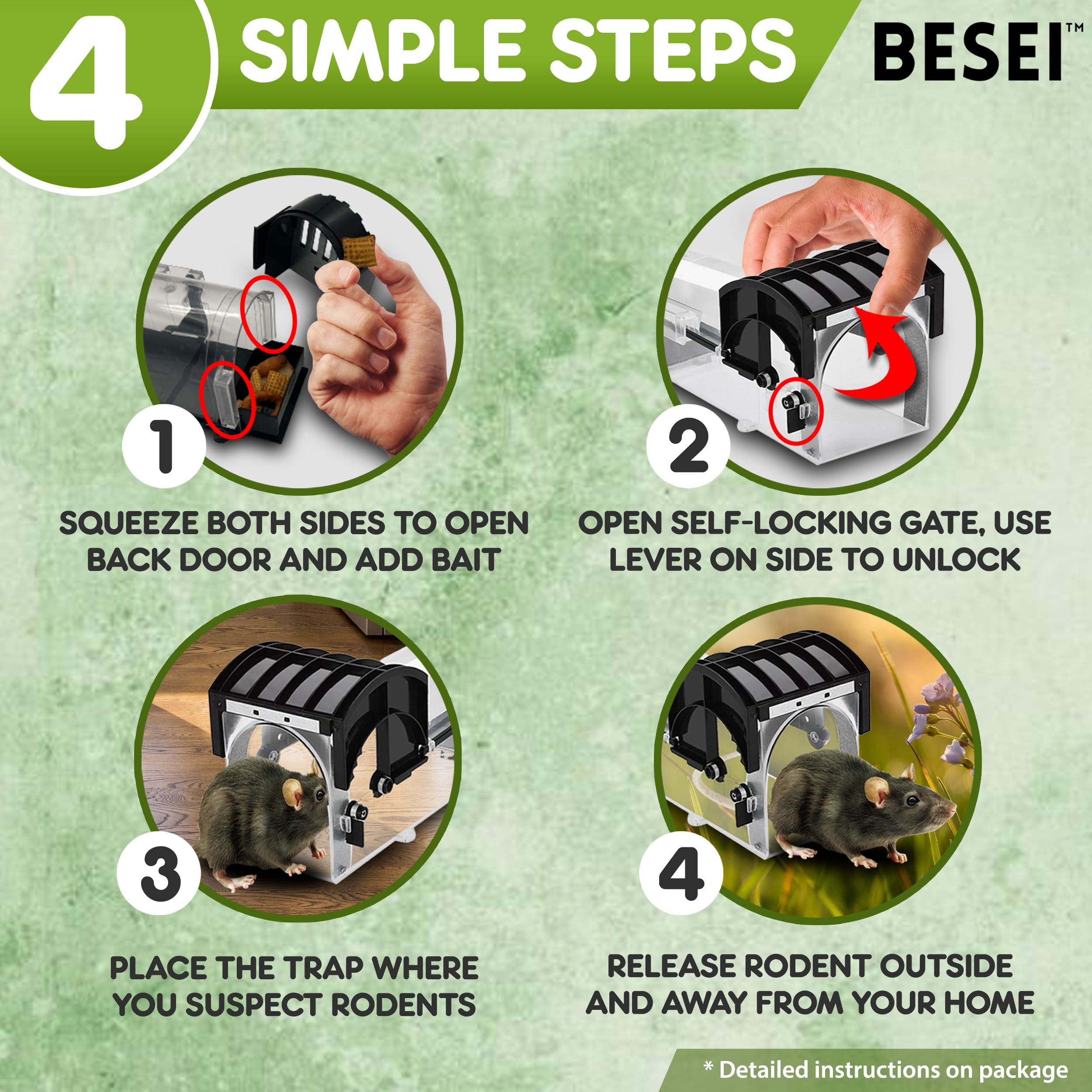 2-Pack, BESEI Humane Mouse Trap - Animal Friendly Rodent (Mouse and Rat) Trap, Catch and Release