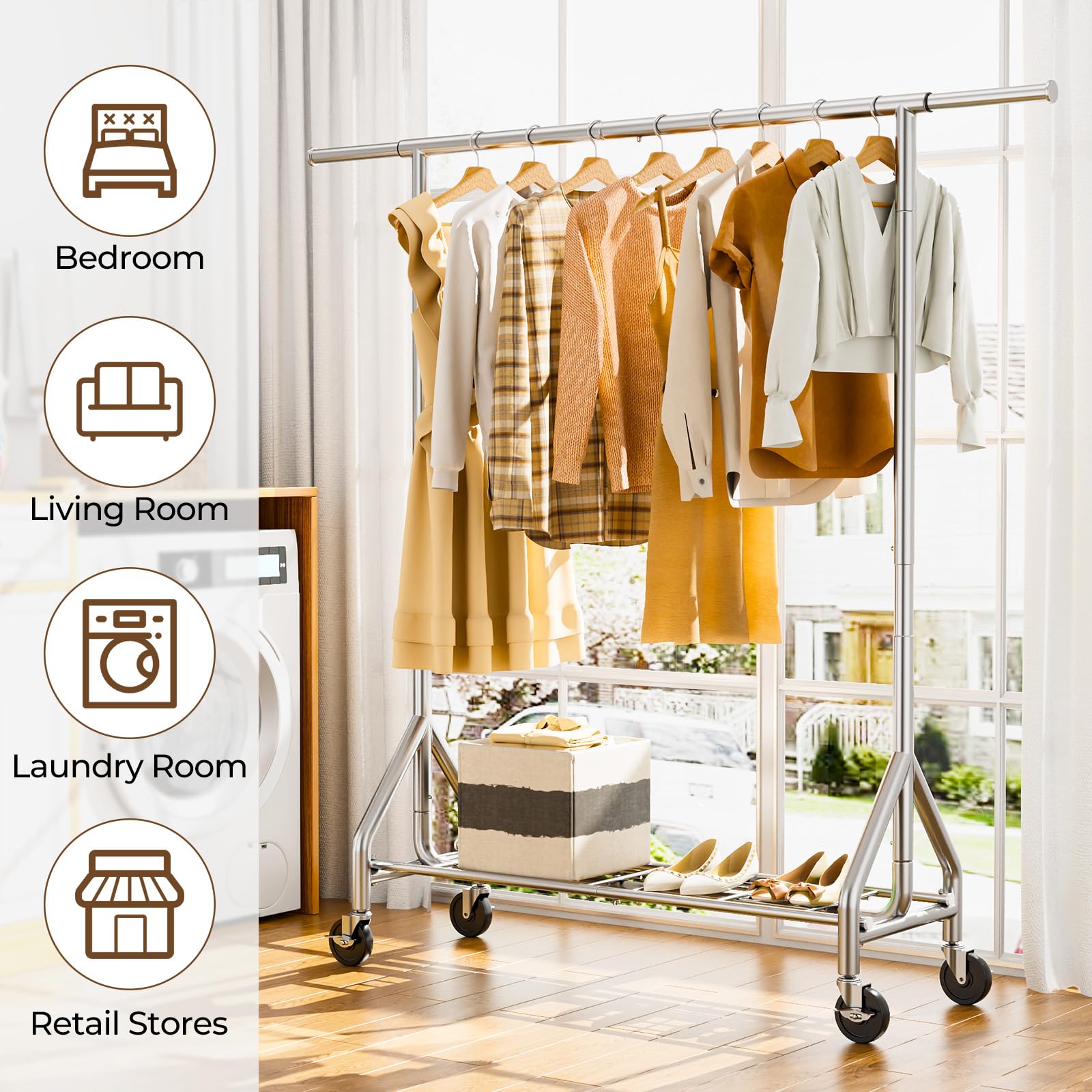 HYSEYY Heavy Duty Clothes Rack Load 450 LBS, Metal Garment Rack, Standing Rolling Clothing Rack for Hanging Clothes with Sturdy Wheels & Shelves, Portable Closet Wardrobe Rack,Sliver