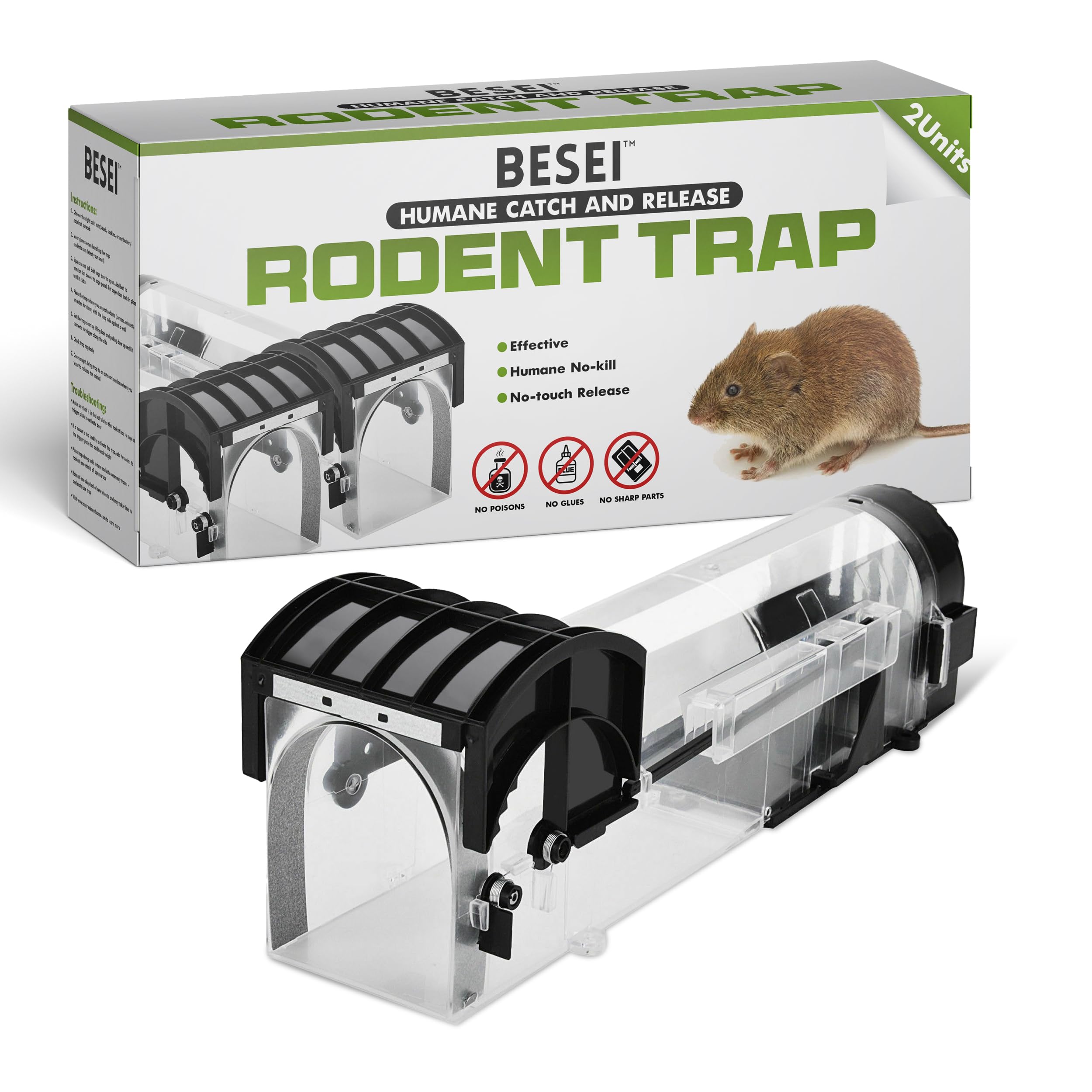 2-Pack, BESEI Humane Mouse Trap - Animal Friendly Rodent (Mouse and Rat) Trap, Catch and Release