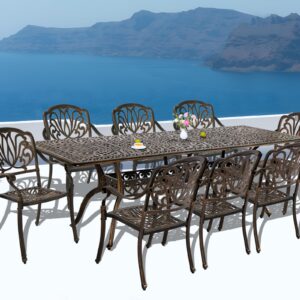 TITIMO 9-Piece Cast Aluminum Patio Furniture Set, Outdoor Dining Set Bistro Conversation Set, All-Weather Rectangular Dining Set with Umbrella Hole(8 Flower Pattern Chairs Without Cushions)