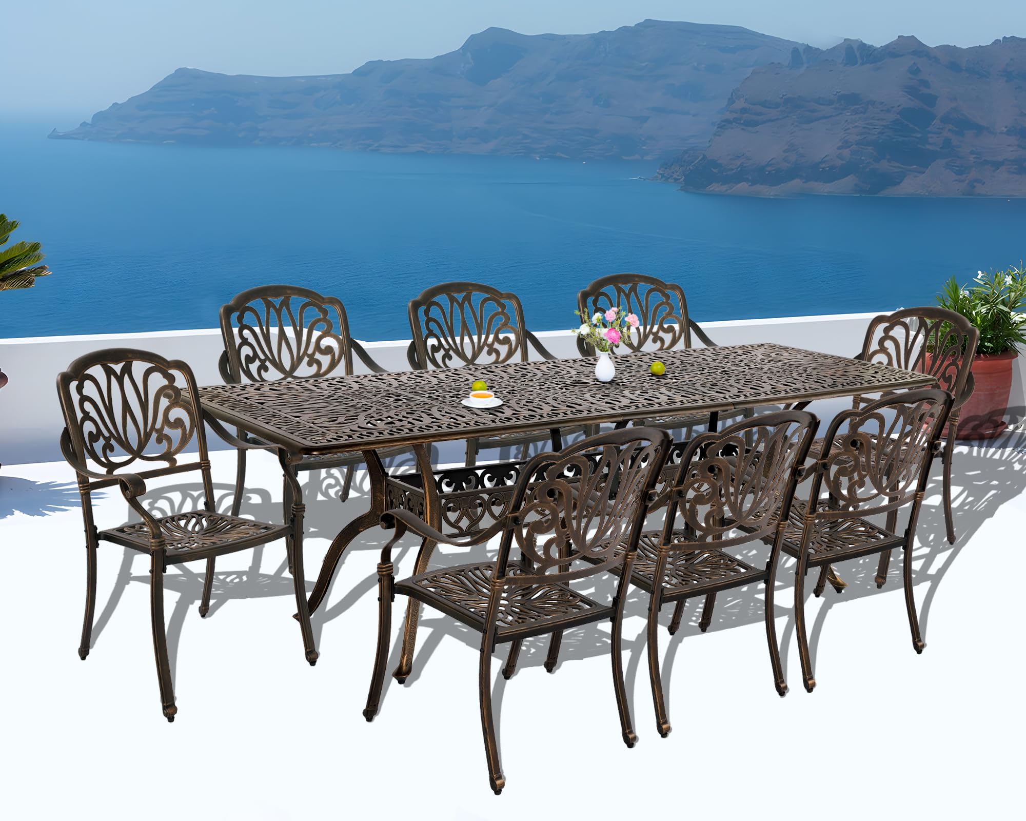 TITIMO 9-Piece Cast Aluminum Patio Furniture Set, Outdoor Dining Set Bistro Conversation Set, All-Weather Rectangular Dining Set with Umbrella Hole(8 Flower Pattern Chairs Without Cushions)