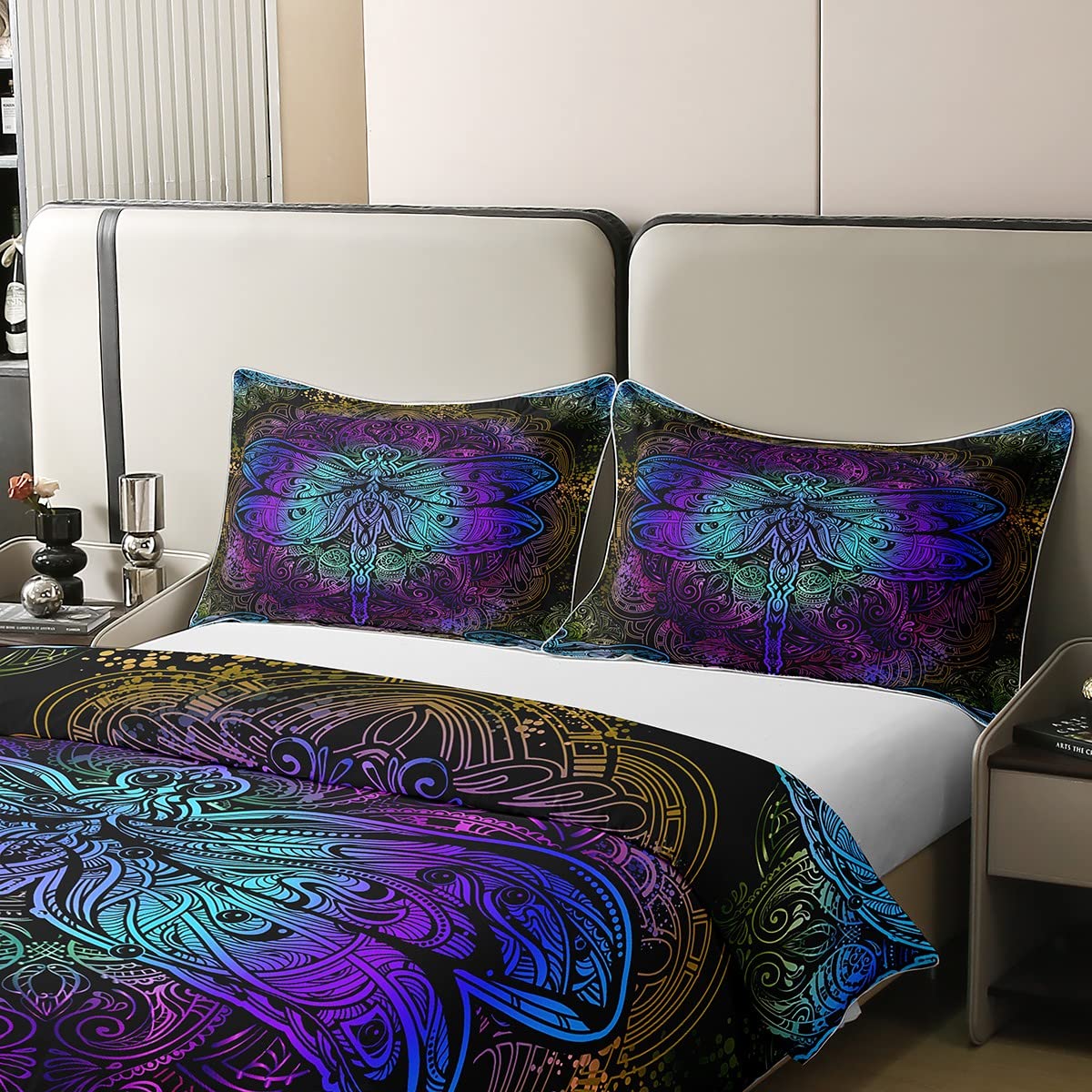 Erosebridal Bohemian Dragonfly 100% Cotton Duvet Cover King Mandala Paisley Bedding Set Purple Dragonfly Comforter Cover Tie Dye Trippy Gypsy Iridescent Chic Hippie Quilt Cover, 3 Pcs