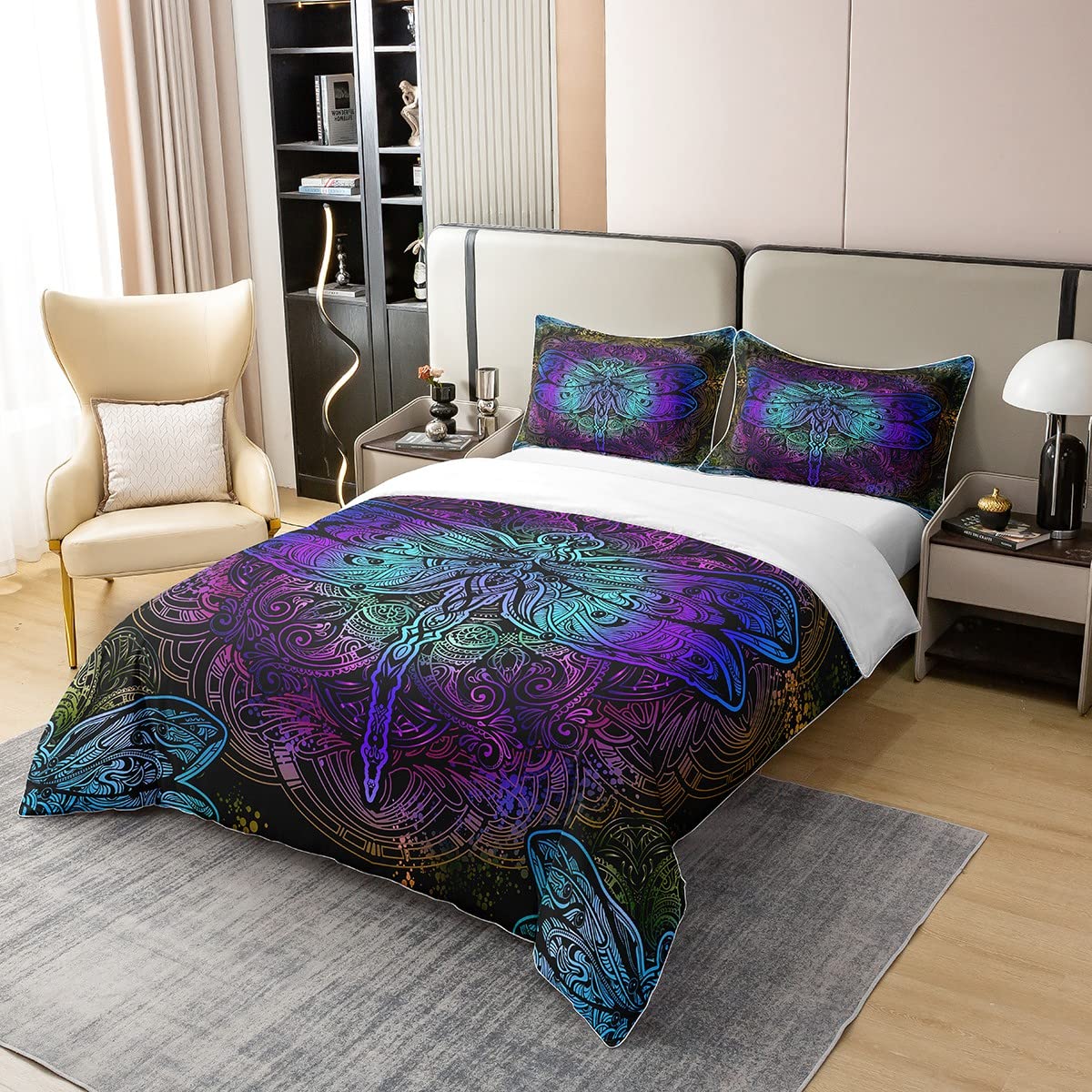 Erosebridal Bohemian Dragonfly 100% Cotton Duvet Cover King Mandala Paisley Bedding Set Purple Dragonfly Comforter Cover Tie Dye Trippy Gypsy Iridescent Chic Hippie Quilt Cover, 3 Pcs