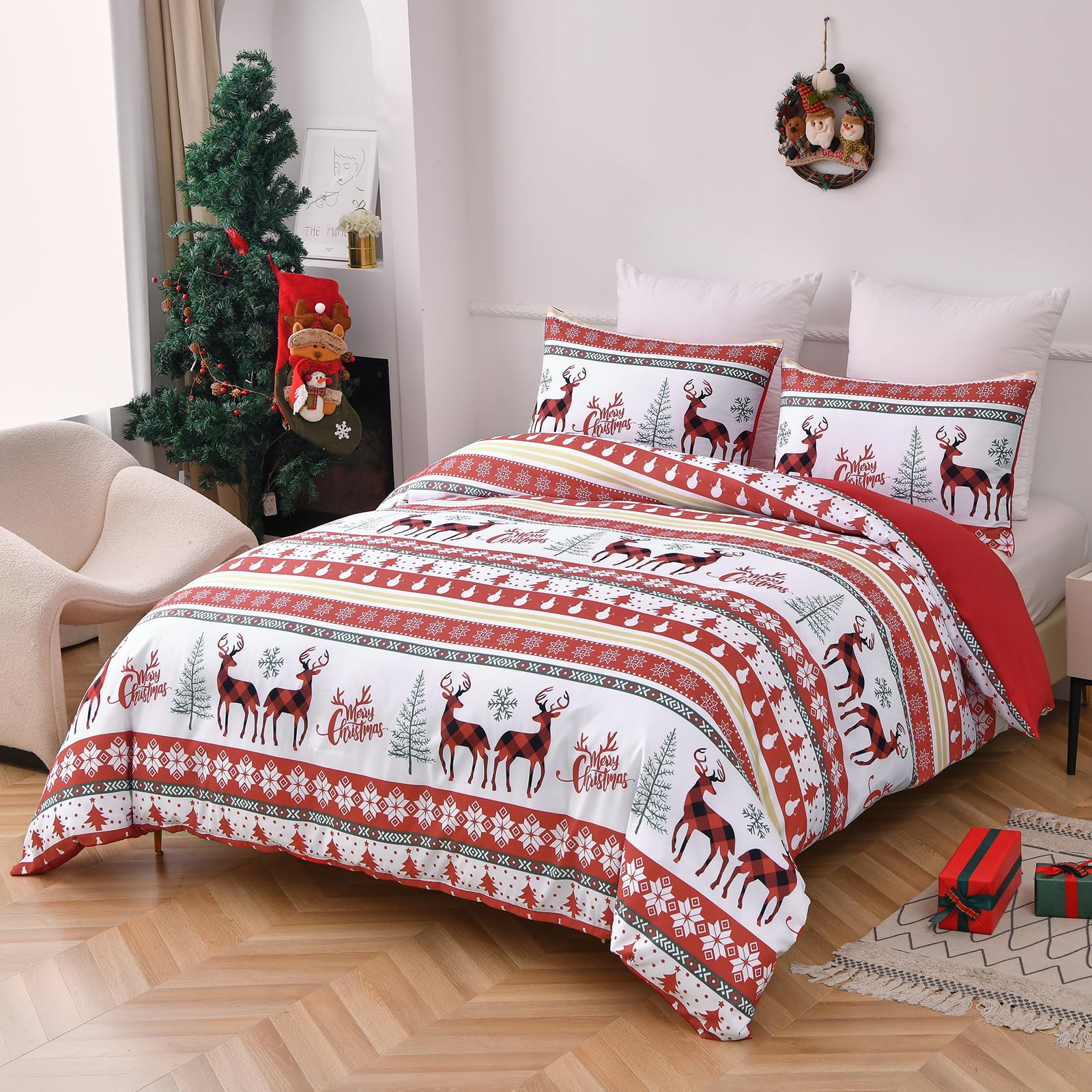 Christmas Duvet Cover King Size, Duvet Cover Set 3 Piece Christmas Theme Soft Microfiber Bedding Set,Striped Christmas Tree Geometry Elk plaid Snowflake Merry Christmas Pattern Comforter Set 104"x90"