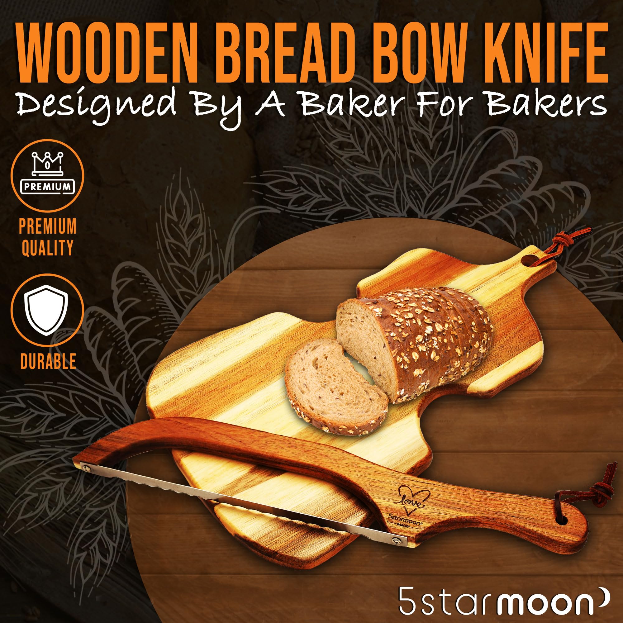 5StarMoon Bread Knife for Homemade Bread - 16" Wooden Bread Bow Knife, Sourdough Bread Knife & Bagel Cutter - Serrated Fiddle Bow Bread Slicer for Easy Cutting, Premium Stainless Steel (Left Handed)