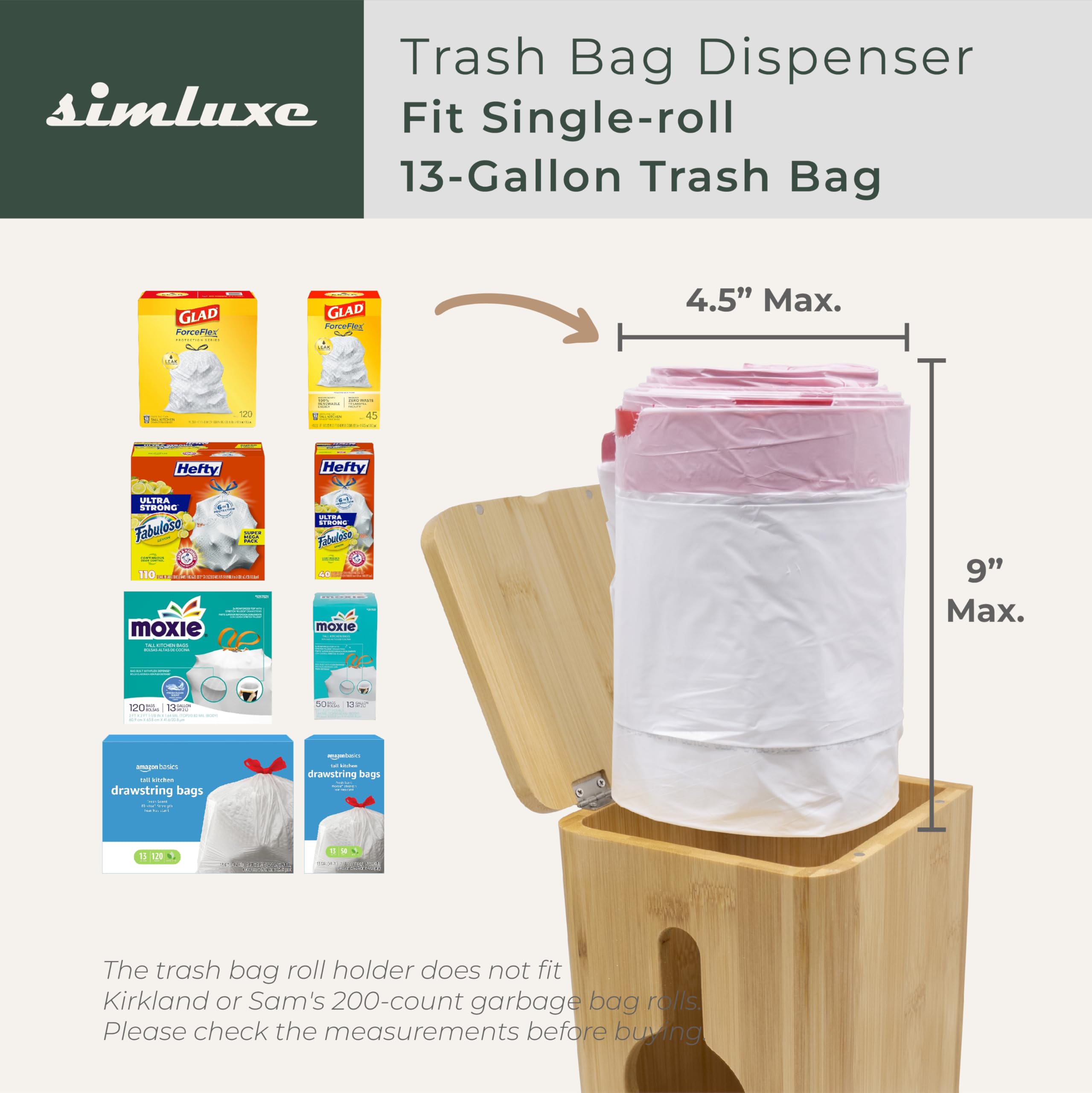 Simluxe Trash Bag Dispenser – Trash Bag Holder Dispenser for Garbage Bag Roll, Under Sink Waste Bin Bags Organizer, Wall Mounted Storage for Small Spaces, Bamboo Decorative Container