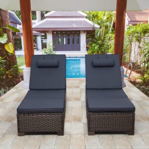 Outdoor PE Wicker Chaise Lounge Set, Patio Lounge Chairs, Outside Pool Lounger Furniture Set of 2, Brown Rattan Recliners with Adjustable Backrest, and Navy Blue Cushions