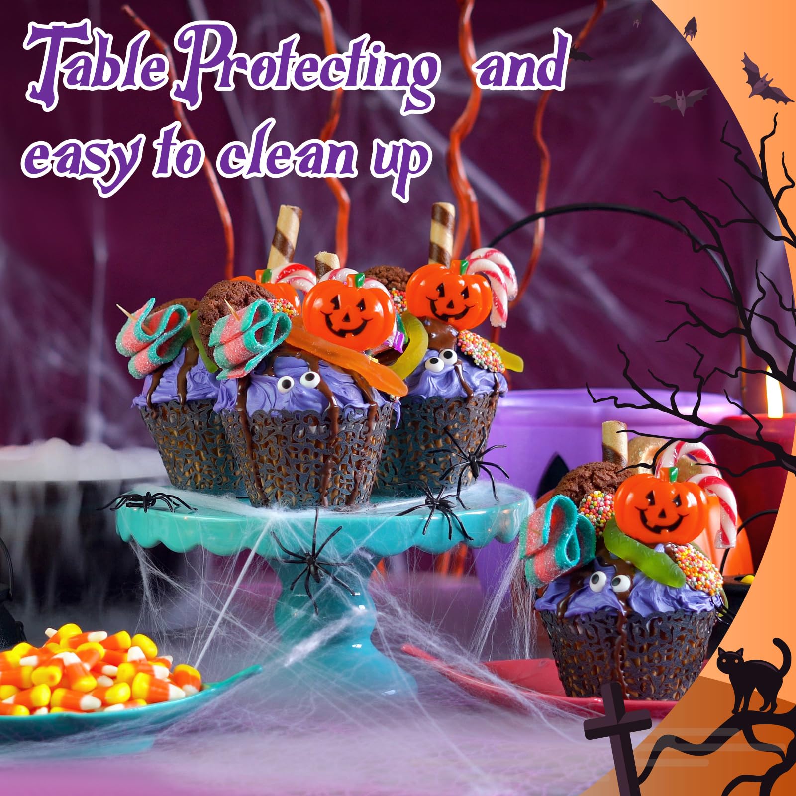 Amylove 12 Pcs 84 Inch Plastic Halloween Tablecloth Round Waterproof Disposable Orange Purple Table Cloth Tabletop Halloween Decorative Table Cover for Halloween Parties Decorations