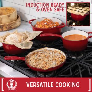 Basque Enameled Cast Iron Cookware Set (Rouge Red), 7-Piece Set, Nonstick, Oversized Handles, Oven Safe; 10.25" Skillet, 2QT Saucepan, 2.25QT Small Dutch Oven, 4.75QT Large Dutch Oven