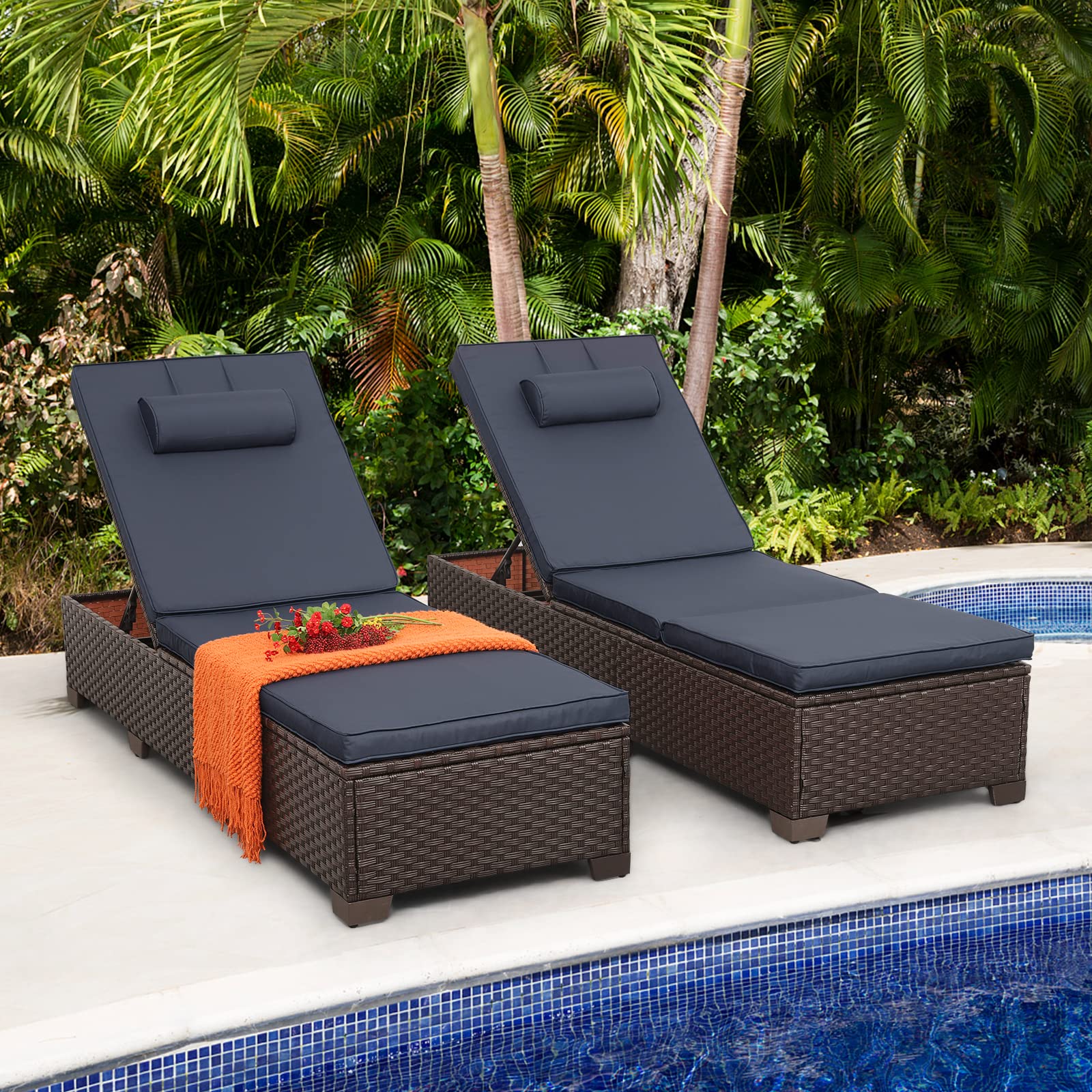 Outdoor PE Wicker Chaise Lounge Set, Patio Lounge Chairs, Outside Pool Lounger Furniture Set of 2, Brown Rattan Recliners with Adjustable Backrest, and Navy Blue Cushions