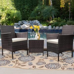 MoNiBloom 3 Pieces Patio Furniture Set, Outdoor Conversation PE Rattan Furniture Front Porch Set with Washable Cushion and Tempered Glass Tabletop for Garden Poolside Balcony, Capacity 250 lbs, Brown