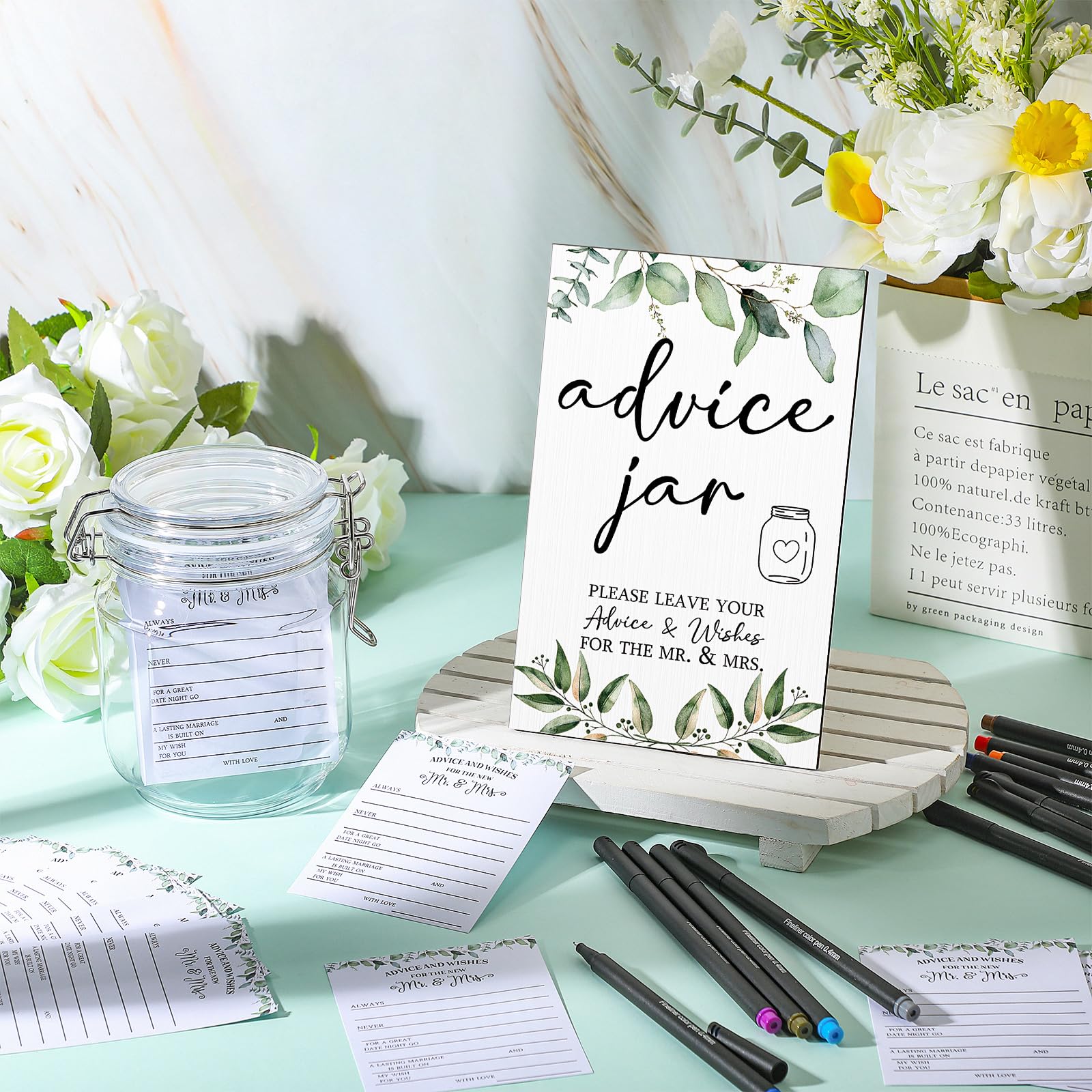 Sintuff 114 Pieces Greenery Bridal Shower Decoration Include Advice and Wishes for the Mr and Mrs Wedding Advice Sign with Holder 100 Advice and Wishes Cards 12 Pens PET Wedding Wish Jar for Guest