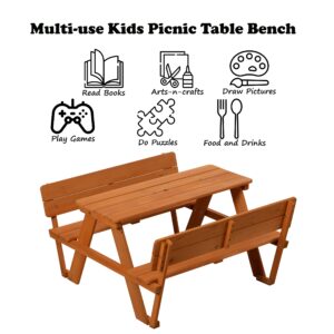 Gardenised Wooden Kids Picnic Bench with Backrest, Outdoor Children's Backyard, Crafting, Dining, and Playtime Patio Table, Stained