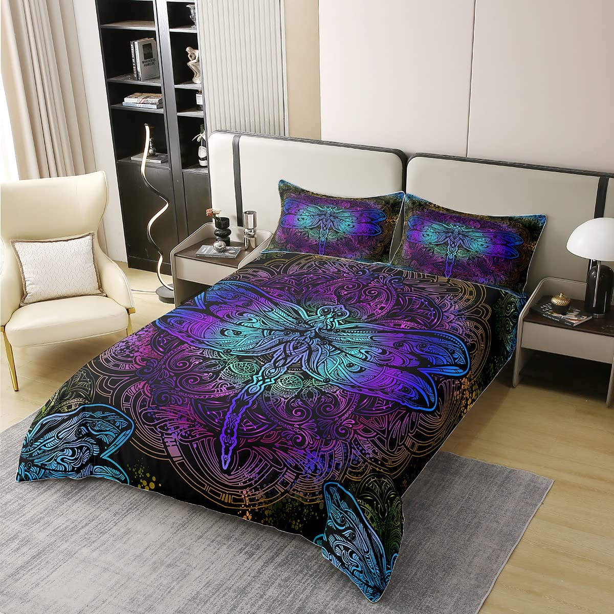 Erosebridal Bohemian Dragonfly 100% Cotton Duvet Cover King Mandala Paisley Bedding Set Purple Dragonfly Comforter Cover Tie Dye Trippy Gypsy Iridescent Chic Hippie Quilt Cover, 3 Pcs