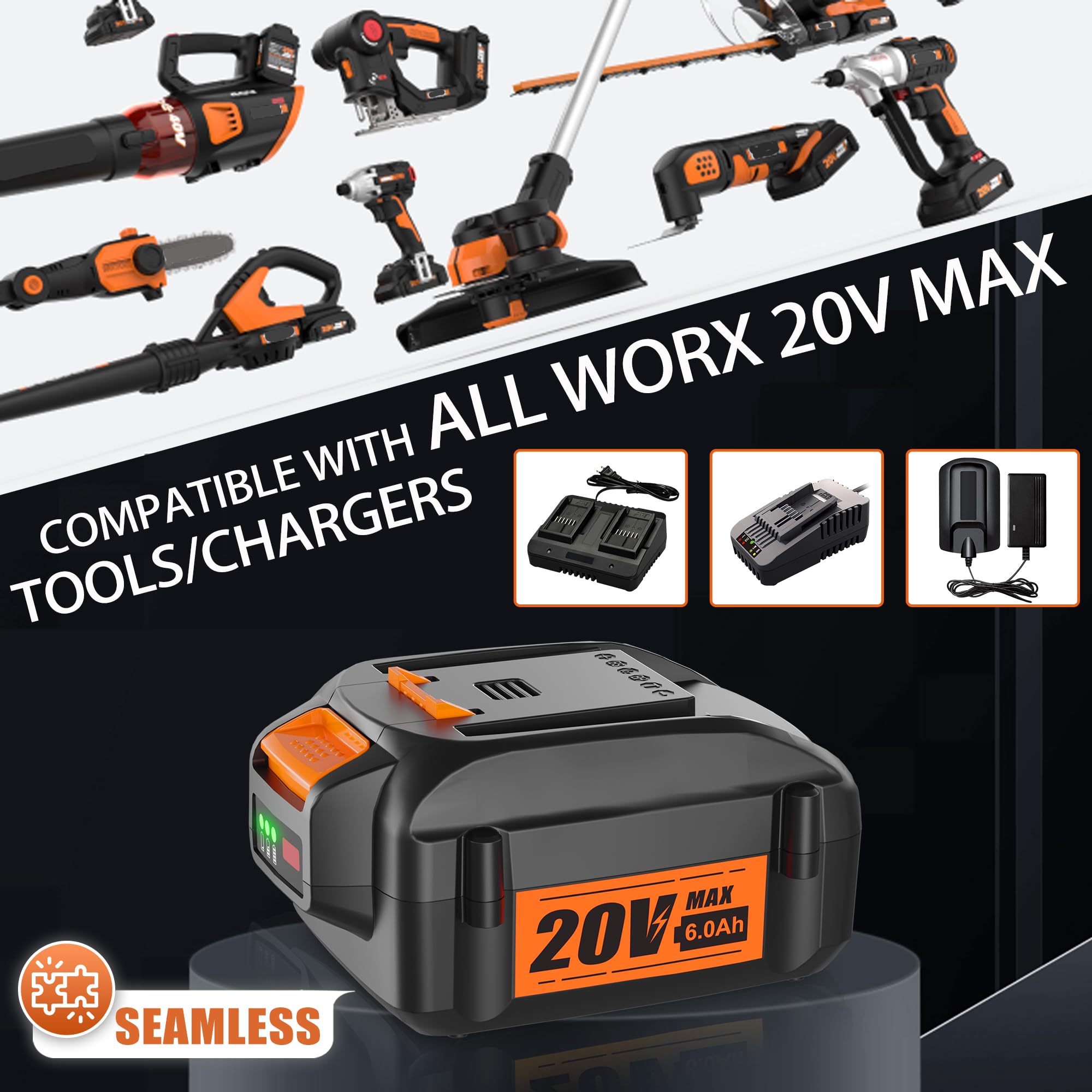 【NEW LED Indicator】2Pack 6.0Ah 20V Replace Battery for Worx 20V Battery Compatible with Worx 20 Volt Lithium WA3520 WA3525 WG151s WG155s WG251s WG255s WG540s WG545s Cordless Power Tools Battery