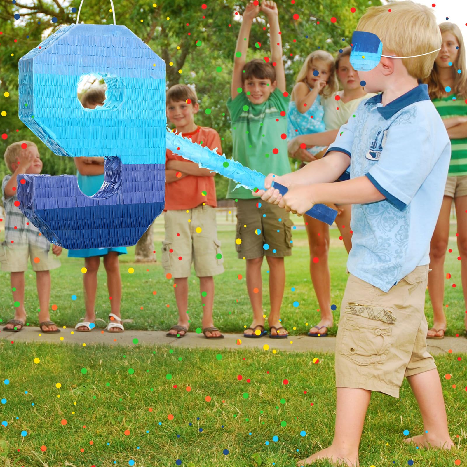 Number 1 2 3 4 5 6 7 8 9 Piñata with Stick Blindfold Confetti, Gradient Blue Piñata for Kids Birthday Party Large Blue Piñata for Boys Girls Birthday Anniversary Decoration Supplies(Number 9)