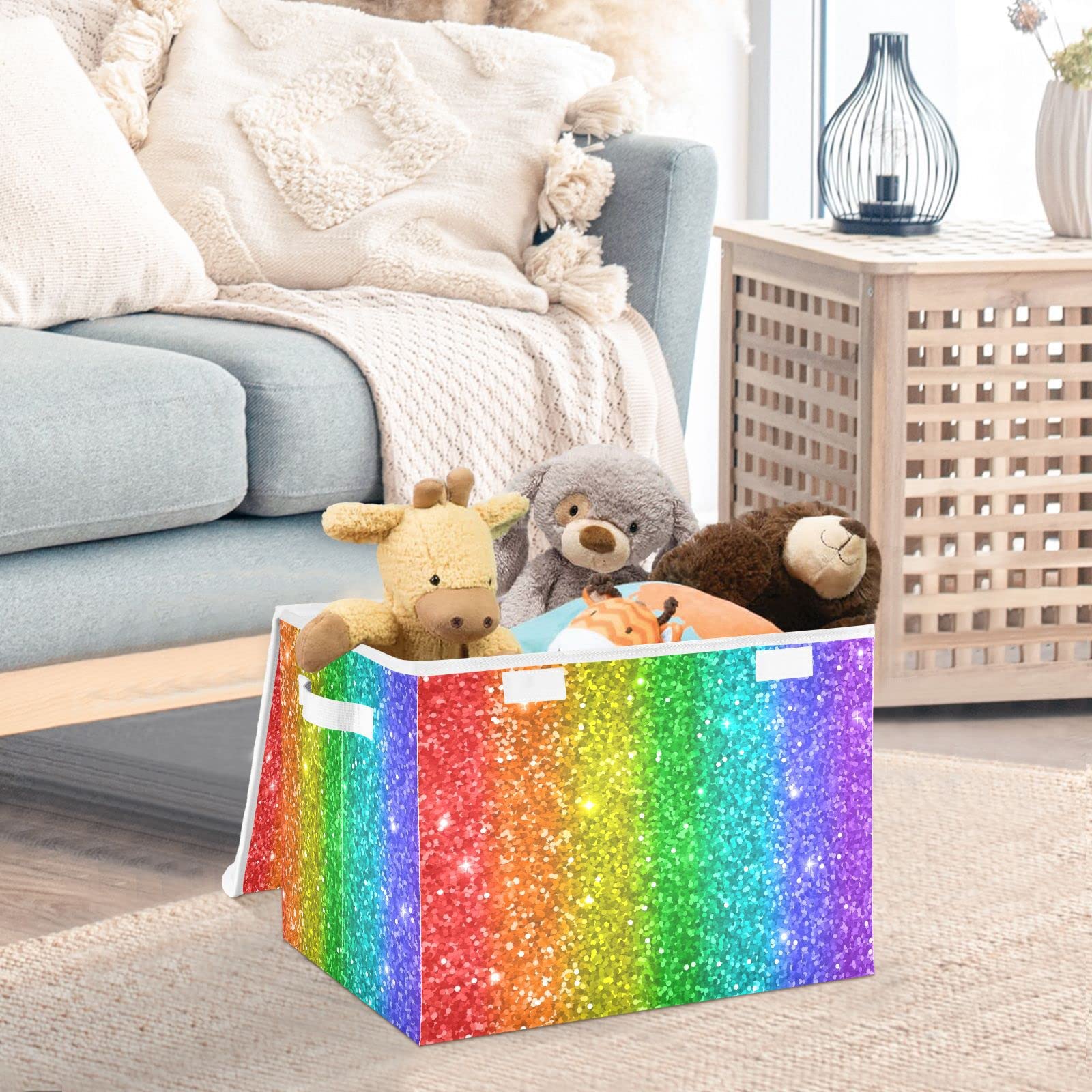 Krafig Rainbow Glitter Decorative Storage Box with Lid Large Bins Baskets Collapsible Cube Organizer Foldable Containers for Organizing, Toy, Playroom, Shelf, Closet