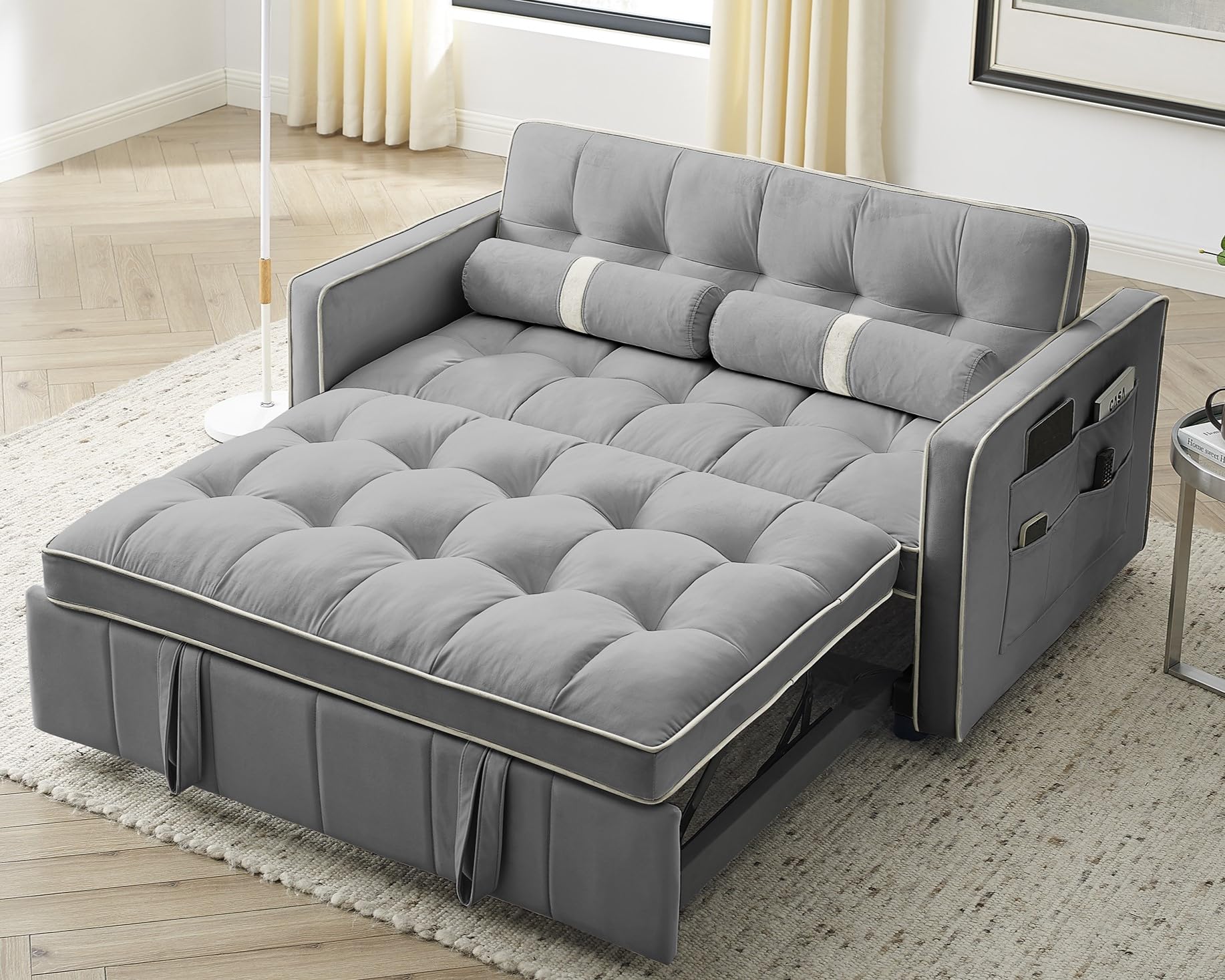 LKTART Modern 55.5" Pull Out Velvet Sleep Sofa Bed with Side Pockets Adjsutable Backrest and Lumbar Pillows for Apartment Office Living Room Grey