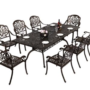 TITIMO 9-Piece Cast Aluminum Patio Furniture Set, Outdoor Dining Set Bistro Conversation Set, All-Weather Rectangular Dining Set with Umbrella Hole(8 Flower Pattern Chairs Without Cushions)