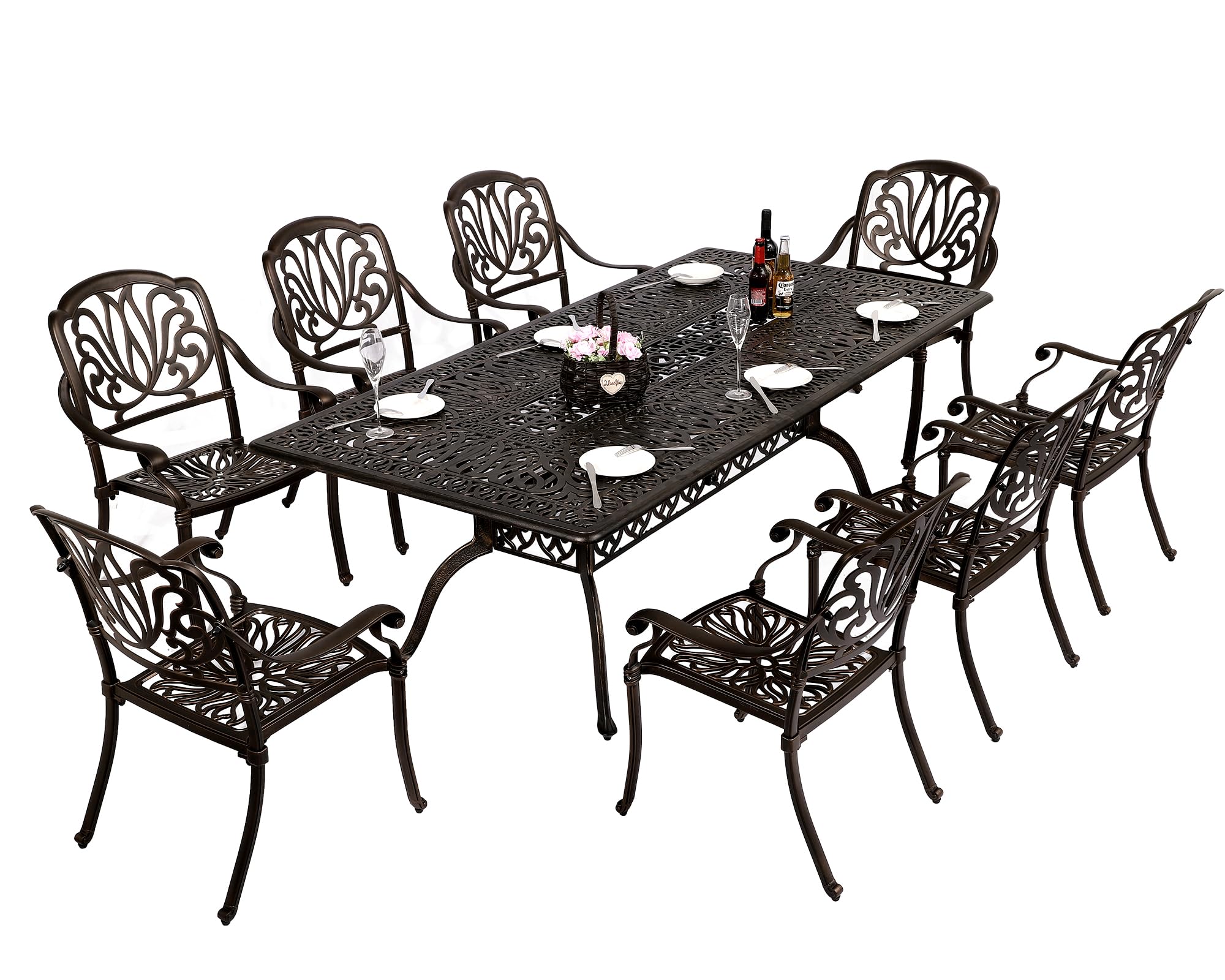 TITIMO 9-Piece Cast Aluminum Patio Furniture Set, Outdoor Dining Set Bistro Conversation Set, All-Weather Rectangular Dining Set with Umbrella Hole(8 Flower Pattern Chairs Without Cushions)