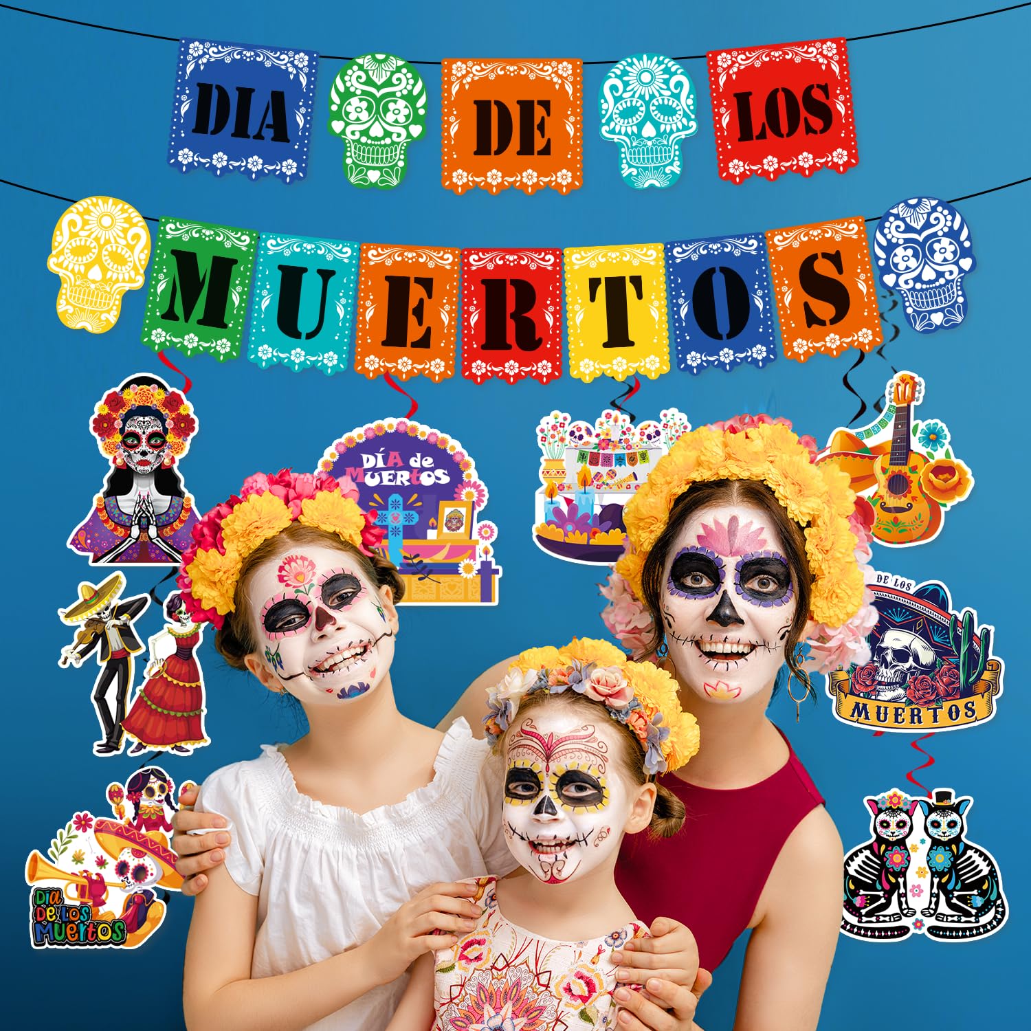 Yingoto Dia De Los Muertos Decorations Day of the Dead Decorations includes 1pcs Dia De Los Muertos Banner and 8pcs Dia De Los Muertos Altar Hanging Swirls for Day of The Dead Ofrenda Decorations