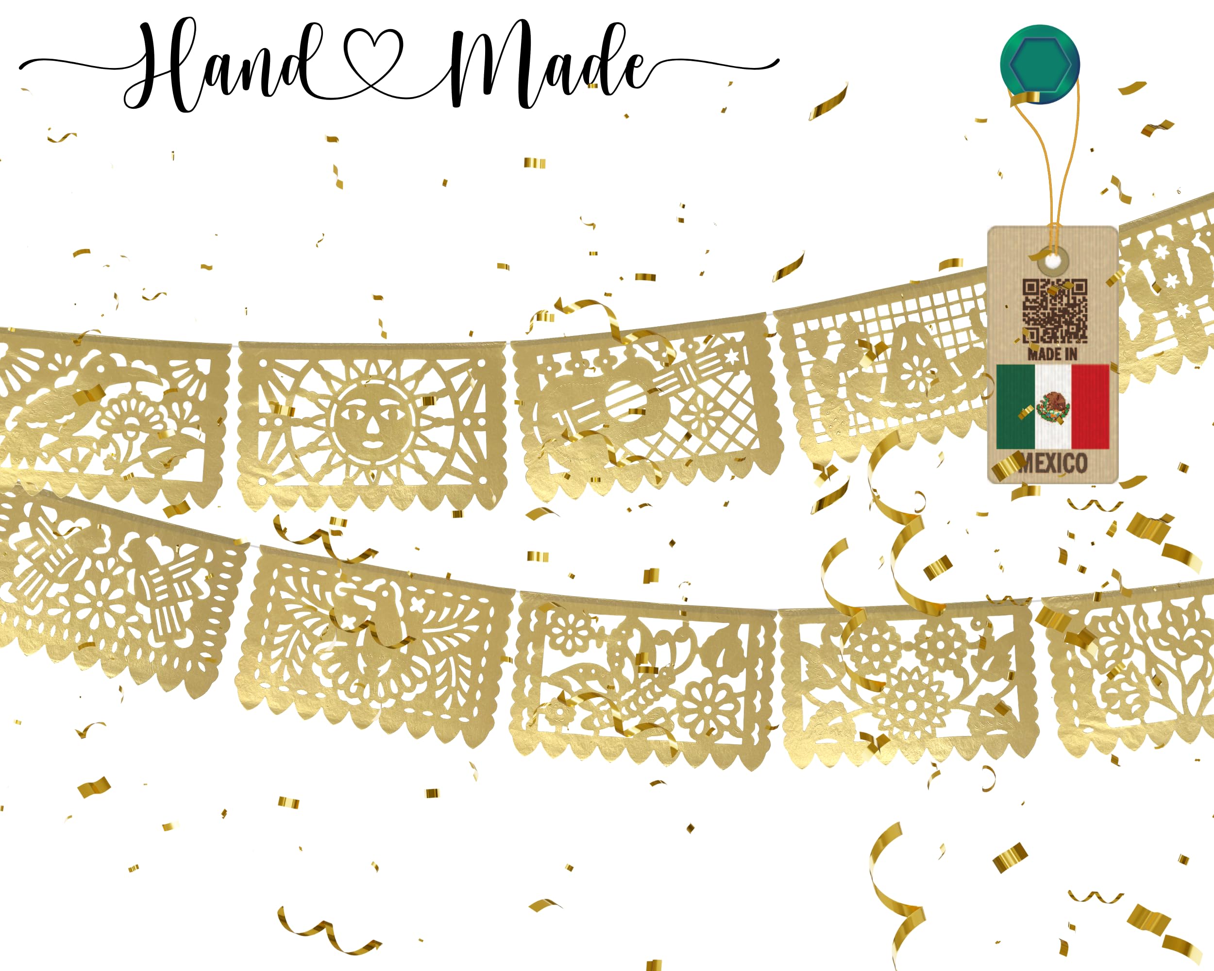 Gold Papel Picado Banner - Matte Gold Papel PicadoTissue Paper Banner for fiestas, weddings, bridal shower, engagement, baby shower, birthdays 2 pack/12ft long each)/ Not plastic