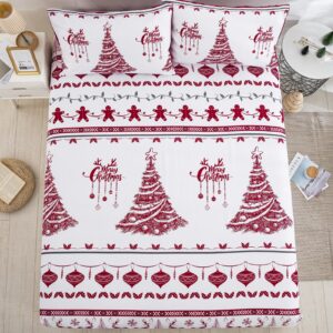 Xruibed 4 Pieces Sheet Set King Christmas Trees Gingerbread Man Sheet Set Xmas Deers Flat Sheet with Fitted Sheet 2 Pillow Cases Deep Pockets Christmas Bedding Sheet Set for Kid Teen Adult