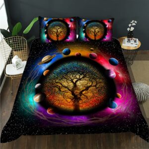 ailonen space duvet cover set queen size, tree of life planet style bedding set-galaxy starry theme breathable comforter cover 3-piece-set, 1 quilt cover and 2 pillowcases