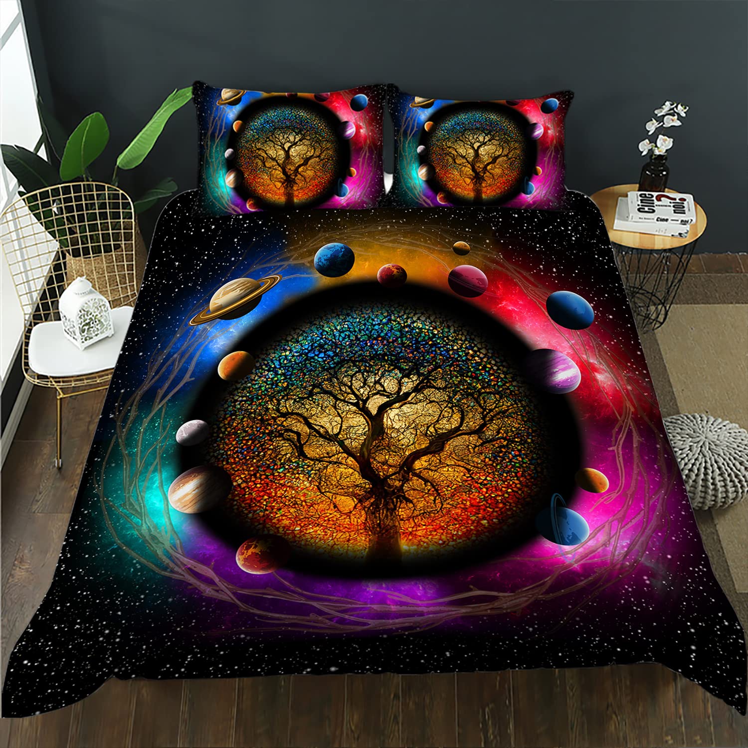 AILONEN Space Duvet Cover Set Queen Size, Tree of Life Planet Style Bedding Set-Galaxy Starry Theme Breathable Comforter Cover 3-Piece-Set, 1 Quilt Cover and 2 Pillowcases