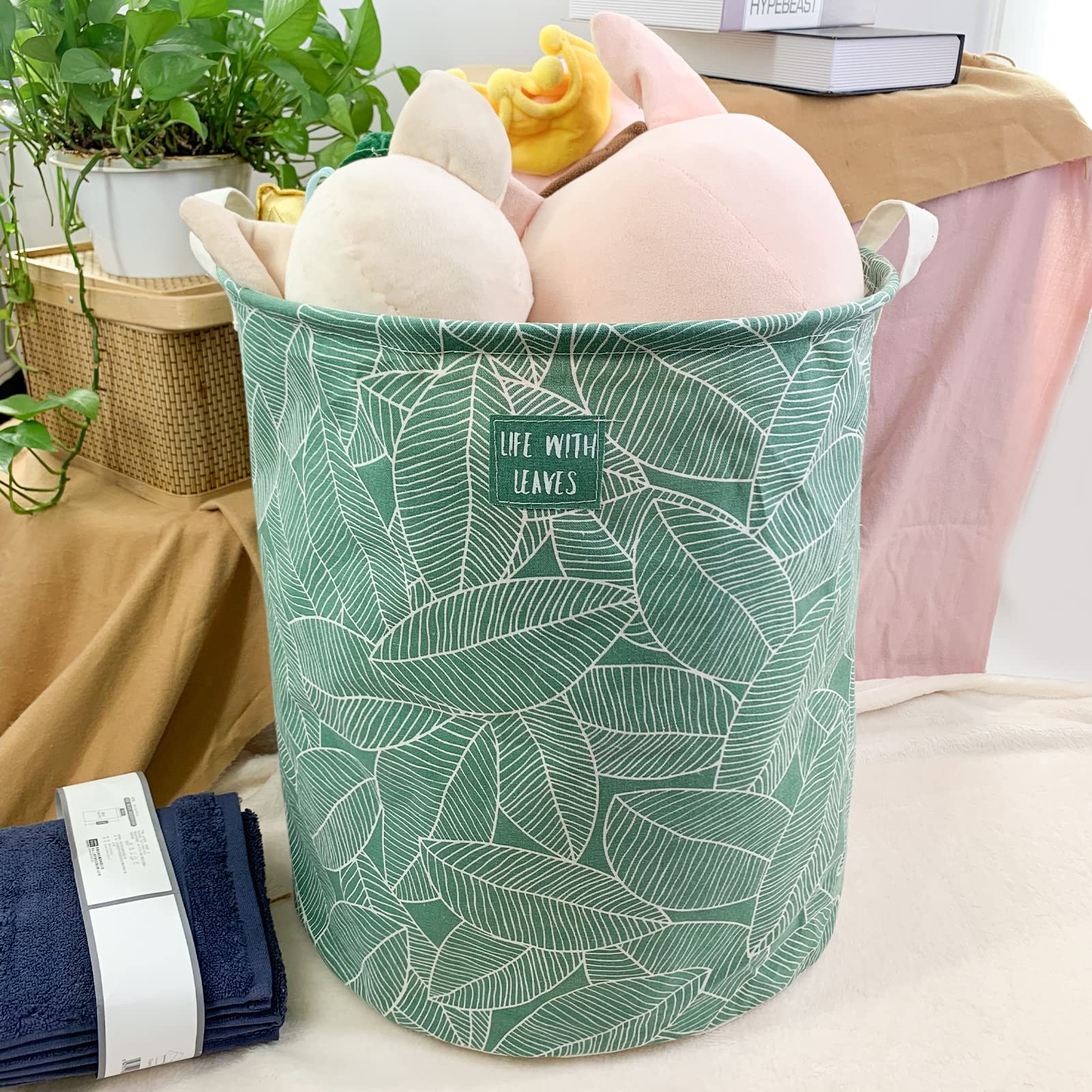 Mziart Large Foldable Laundry Basket Organizer, Collapsible Laundry Hamper Fabric Clothes Toy Storage Basket Nursery Hamper Storage Bin for Household Bedroom, Bathroom, College Dorm (Big White Leaf)