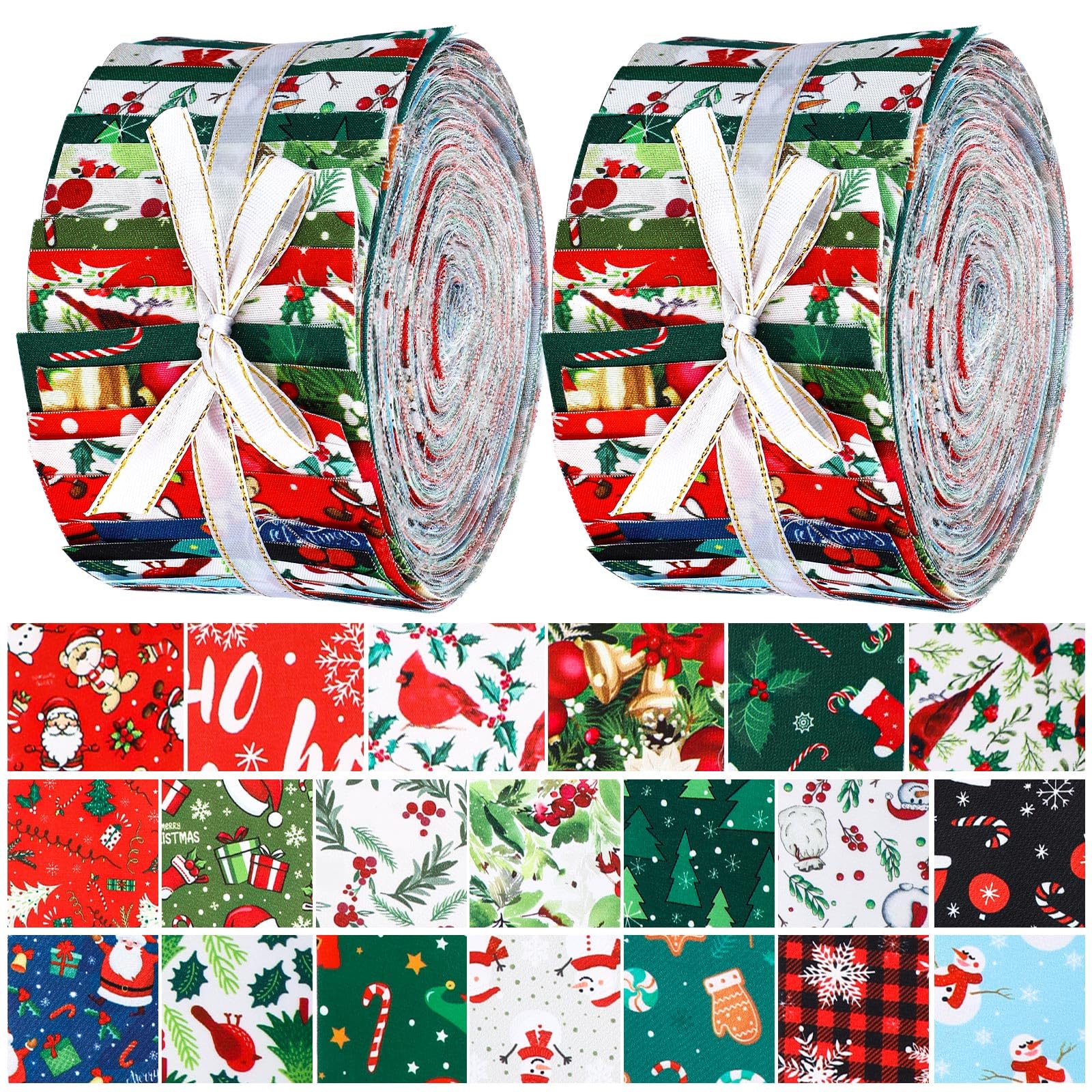 Hosuly 40 Pcs Christmas Fabric Jelly Quilting Strips Patchwork Roll Quilting Fabric Roll up Fabric Quilting Strips 2.55 Inch Precut Santa Claus Patchwork Roll for Craft Sewing DIY Crafts