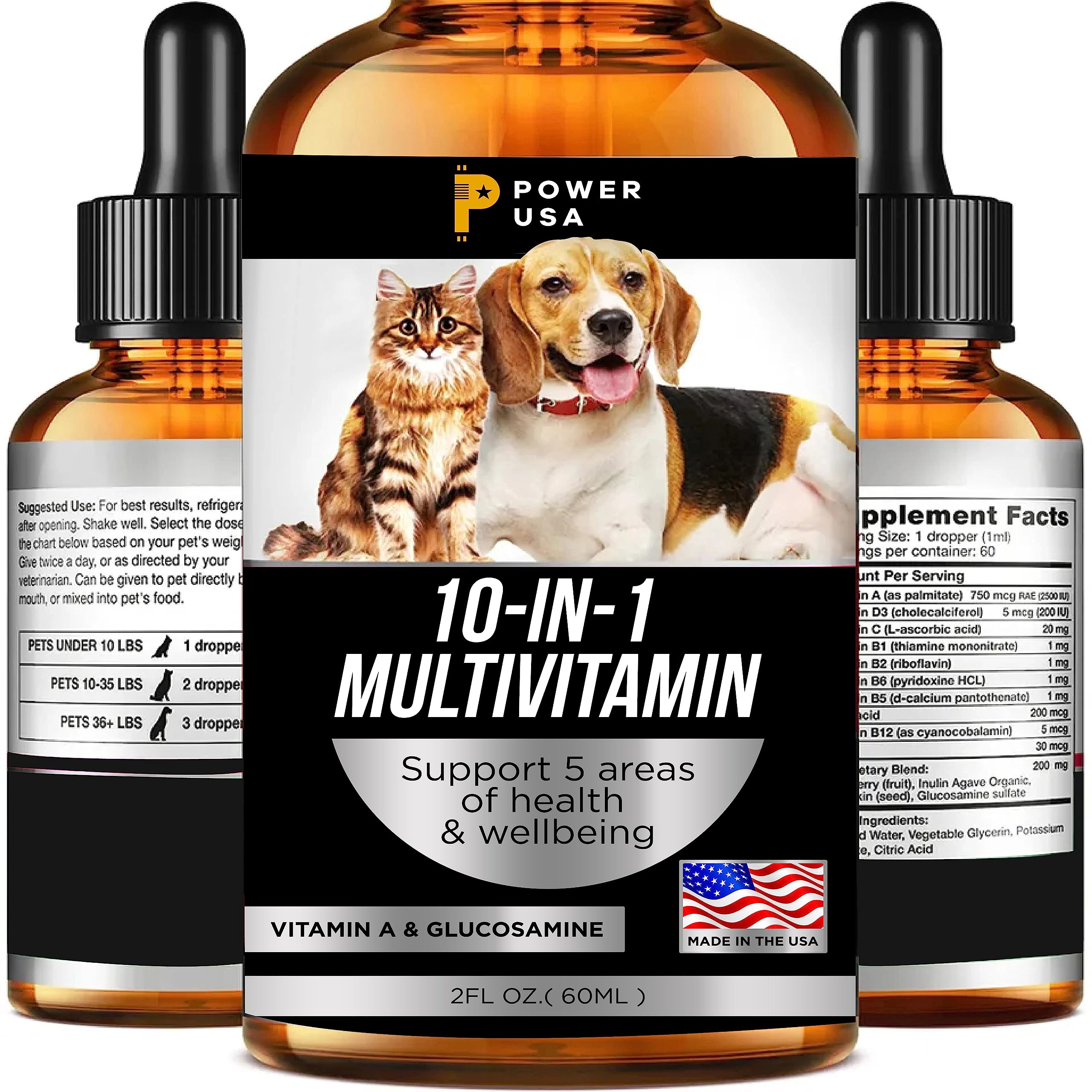 Pet Vitamins 10-in-1 Made in USA - Natural Glucosamine for Dogs & Cats, Essential Multivitamin Blend for Pet Joint Health, Longevity, Gut & Immune Health - All Ages, Breeds and Sizes.