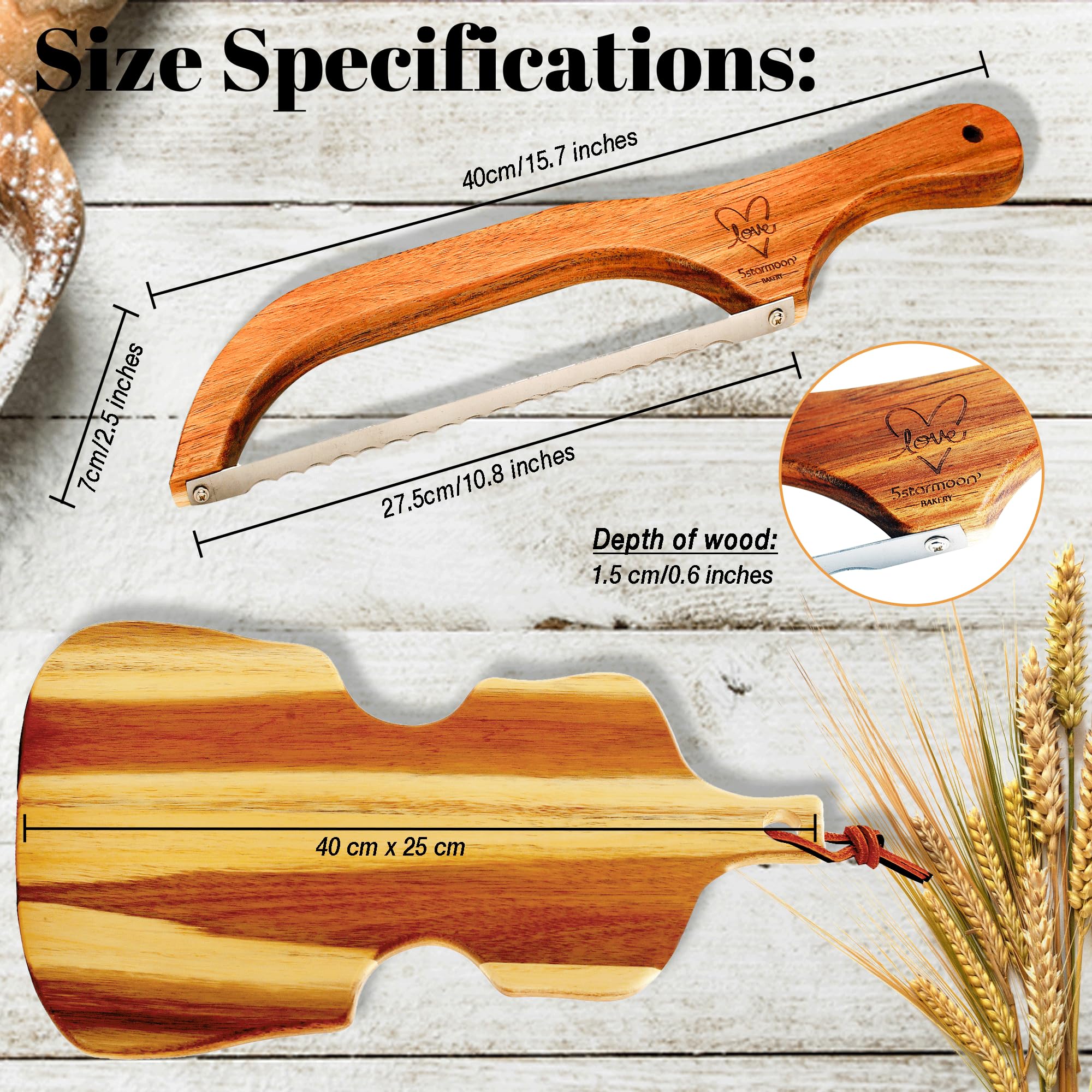 US Designed - Hand Crafted Wooden Bread Bow Knife - Acacia Wood Cutting Board - Bread Saw - Sourdough Bread Knife for Homemade Bread with Linen Storage Bag- Bread Knife Wooden Bread Cutting Board