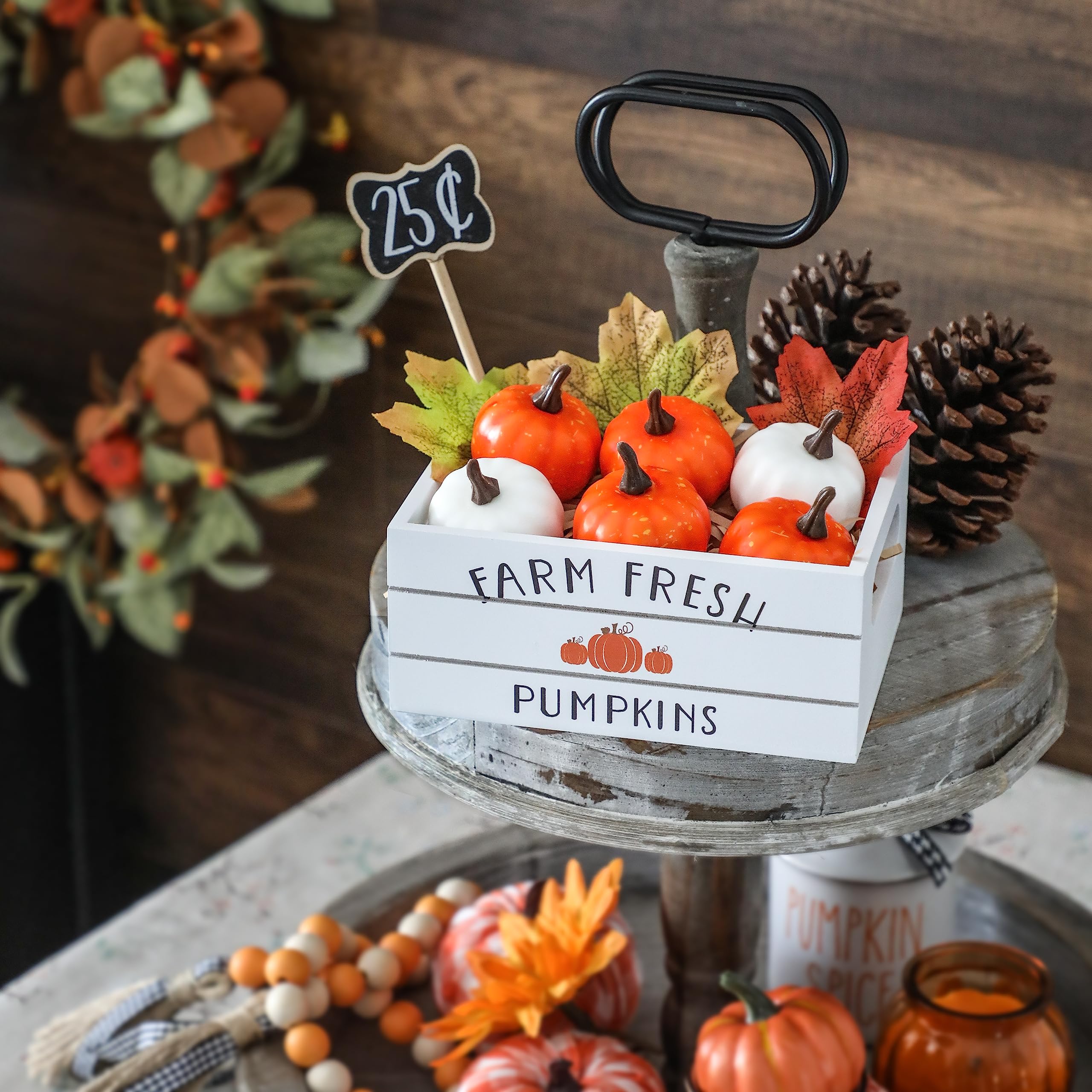 Thanksgiving Decor, Fall Tiered Tray Decor, Fall Pumpkin Mini Wood Crate Decorations Set, Farmhouse Table Centerpiece Decor Kit for Fall Decor