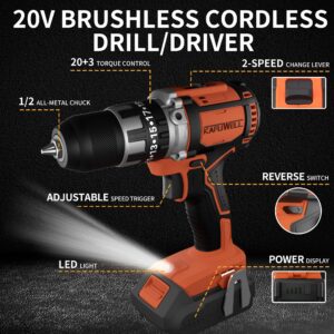 KAFUWELL Cordless Drill Set, 3-in-1 20V Power Drill with Battery and Charger, 1/2” Metal Chuck, 710 In-lbs Torque, 2 Variable Speeds, 20+3 Hammer Drill Driver