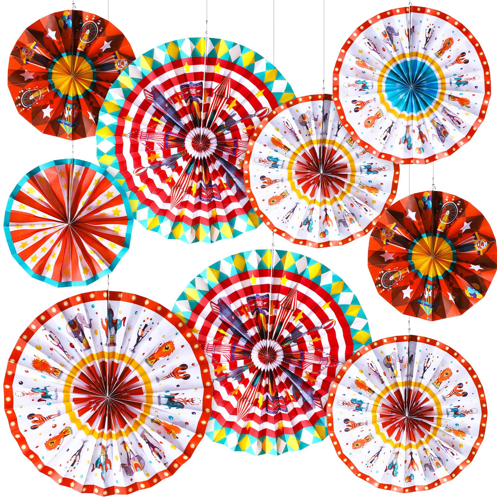 Outus 9 Pcs Carnival Hanging Paper Fans Decoration Circus Animals Paper Fans Classroom Decoration Carnival Circus Theme Ceiling Wall Garland for Circus Birthday Baby Shower Party Favors