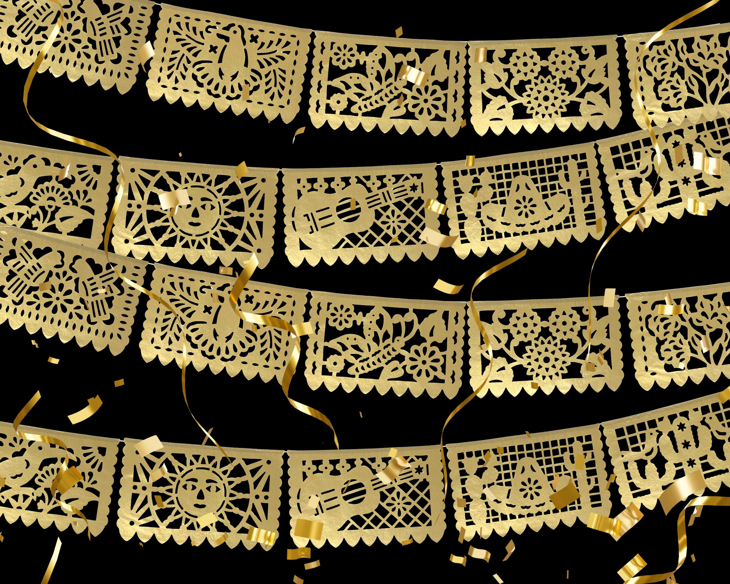 Gold Papel Picado Banner - Matte Gold Papel PicadoTissue Paper Banner for fiestas, weddings, bridal shower, engagement, baby shower, birthdays 2 pack/12ft long each)/ Not plastic