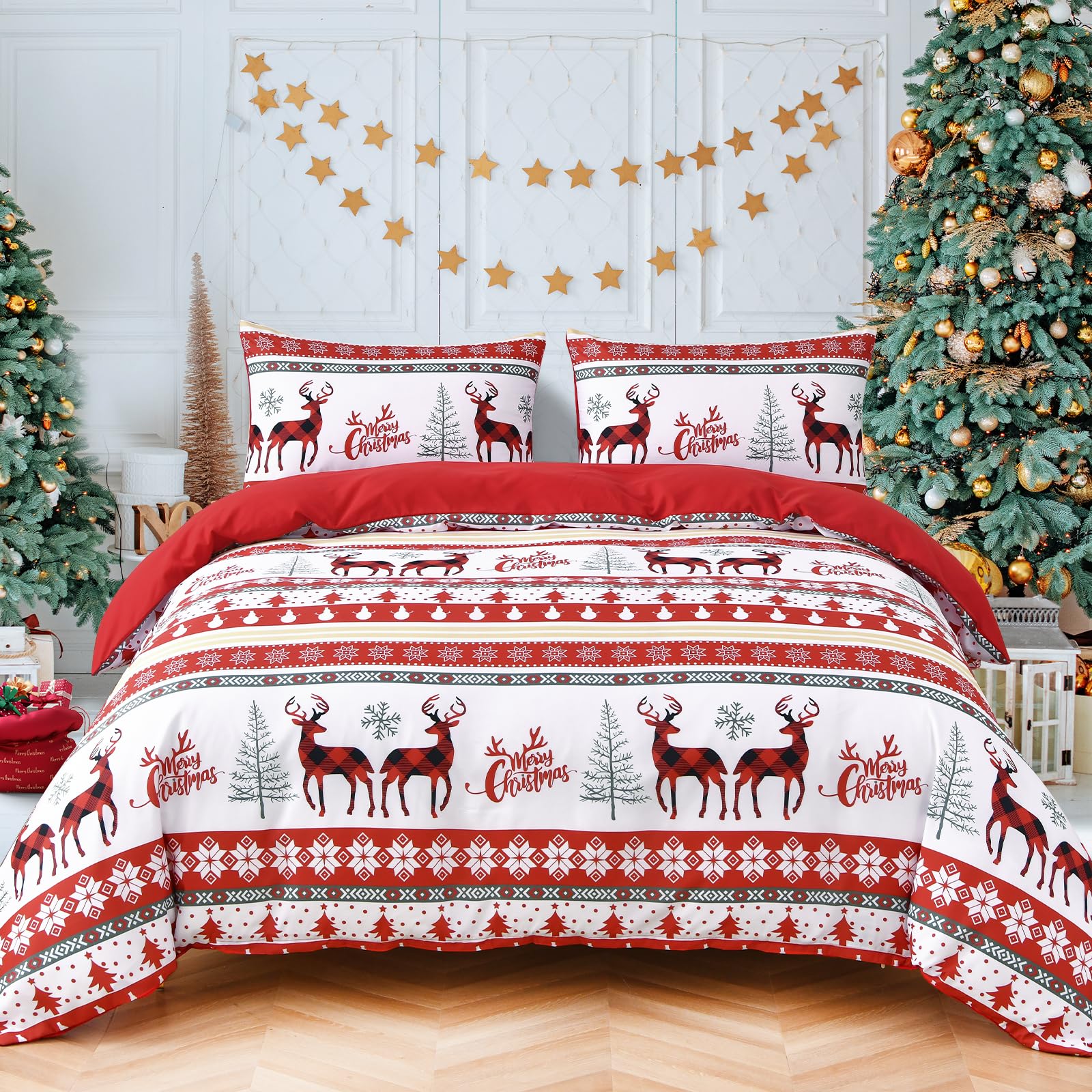 Christmas Duvet Cover King Size, Duvet Cover Set 3 Piece Christmas Theme Soft Microfiber Bedding Set,Striped Christmas Tree Geometry Elk plaid Snowflake Merry Christmas Pattern Comforter Set 104"x90"