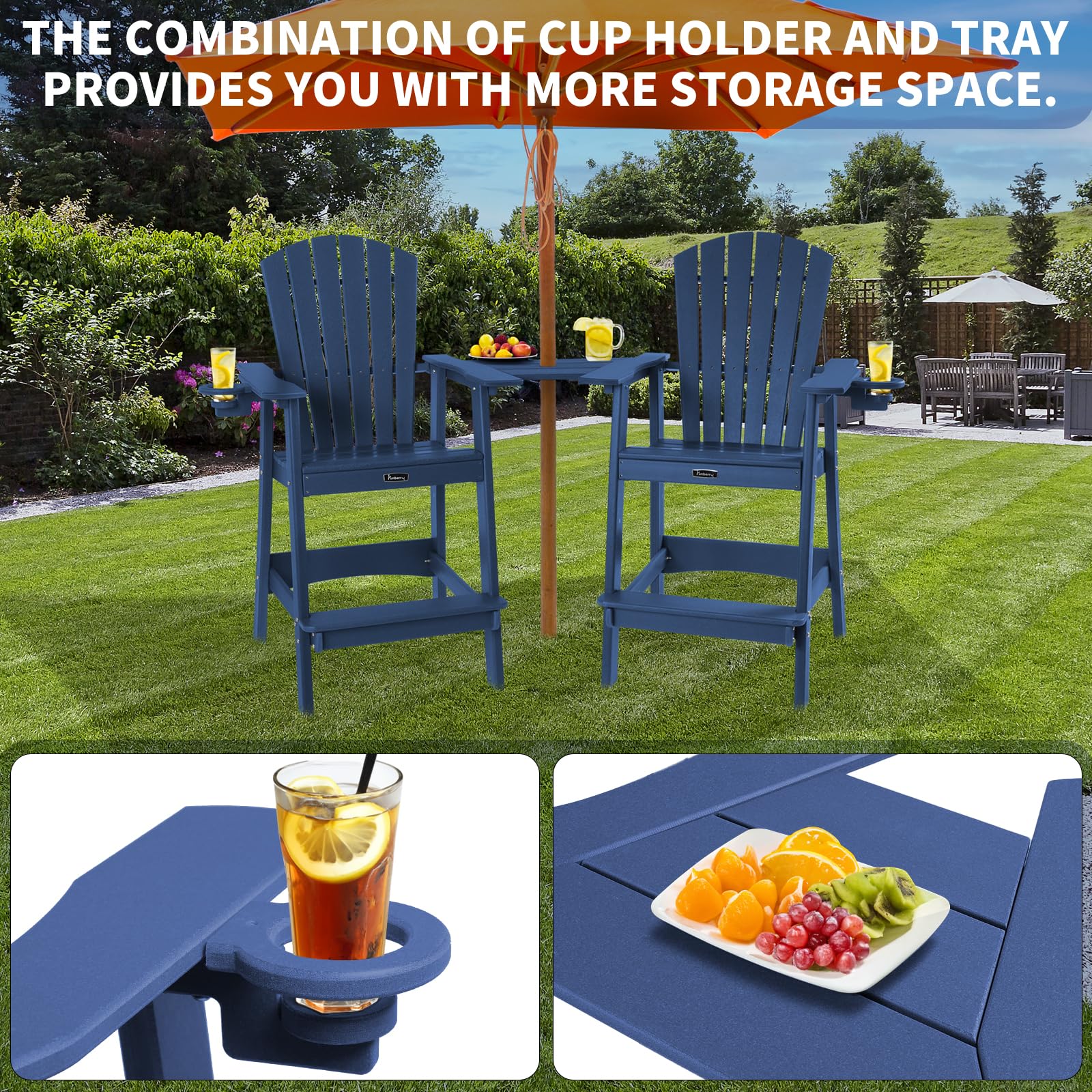 FUNBERRY Tall Adirondack Chair,Balcony Chair with Connecting Tray,Adirondack Bar Stools with Cup Holder,High Top Adirondack Chairs,Resin High Back Outdoor Chairs,Lifeguard Chair