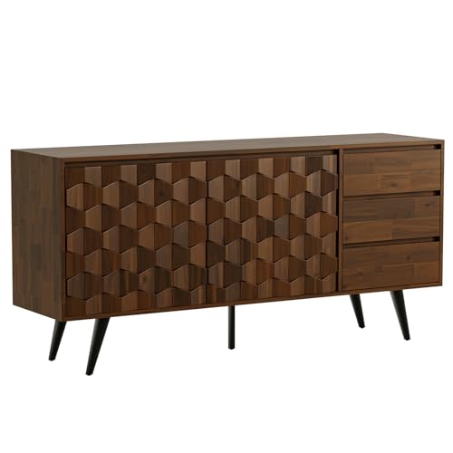 Bme Sideboard Georgina Solid Wood 2 Doors & 3 Drawers, 61'' Mid Century Modern Cabinet with Geometric Pattern for Kitchen, Dining, Living Room