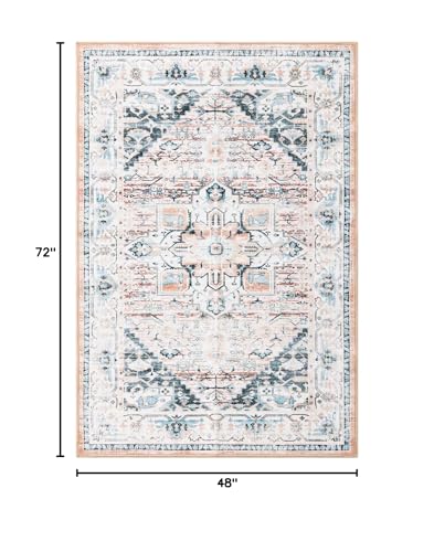 Asrug 4x6 Washable Area Rug, Boho Non-Slip Entryway Rug Doormat Stain Resistant Non-Shedding Distressed Throw Carpet for Bedroom Living Room Kitchen Bathroom, Light Blue