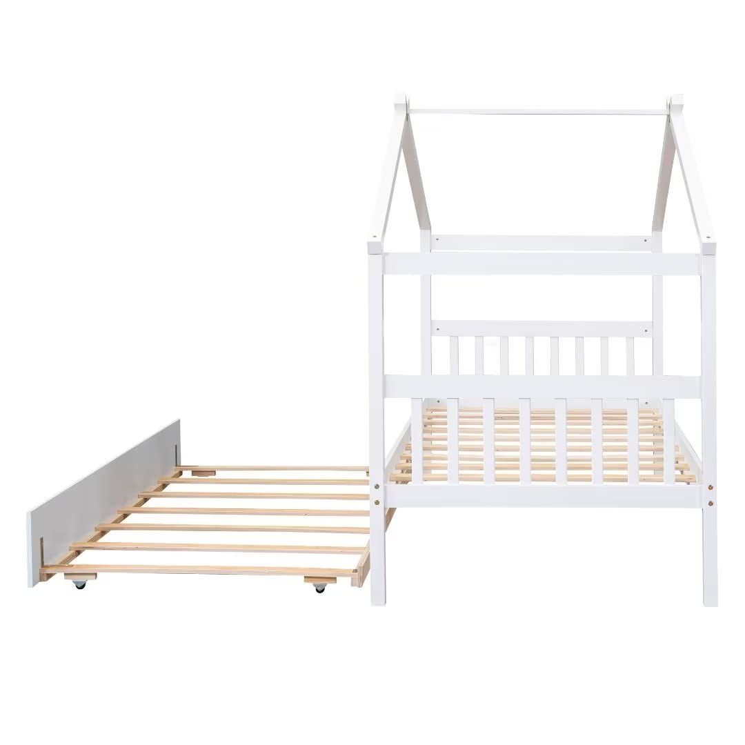 voqoomkl Twin Size Floor Bed with Twin Size Trundle, Wooden House Bed with Headboard and Footboard, Daybed with Roof Design and Wood Slats Supprt for Boys Girl Bedroom, No Box Springs Required, White